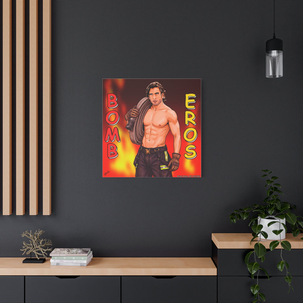 Firefighter Pinup Canvas Print — "Bomb Eros" Matte Stretched Wall Art
