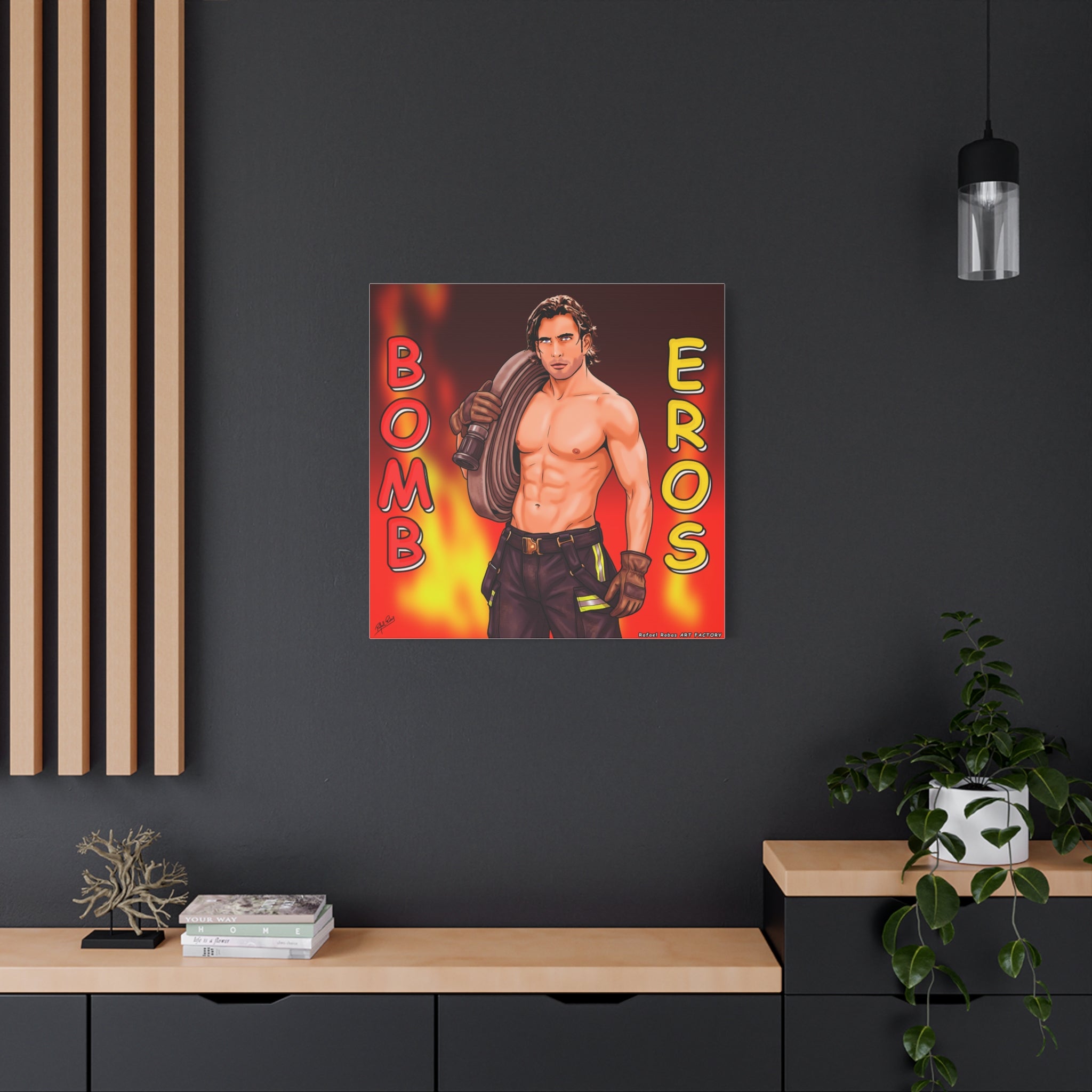 Firefighter Pinup Canvas Print — "Bomb Eros" Matte Stretched Wall Art