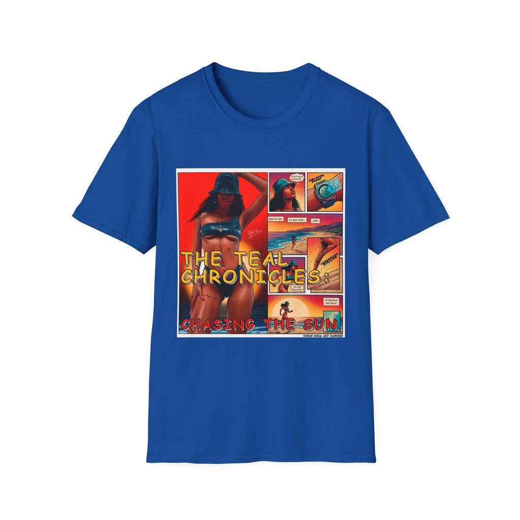Graphic T-Shirt — "The Teal Chronicles" Retro Comic Surf Art
