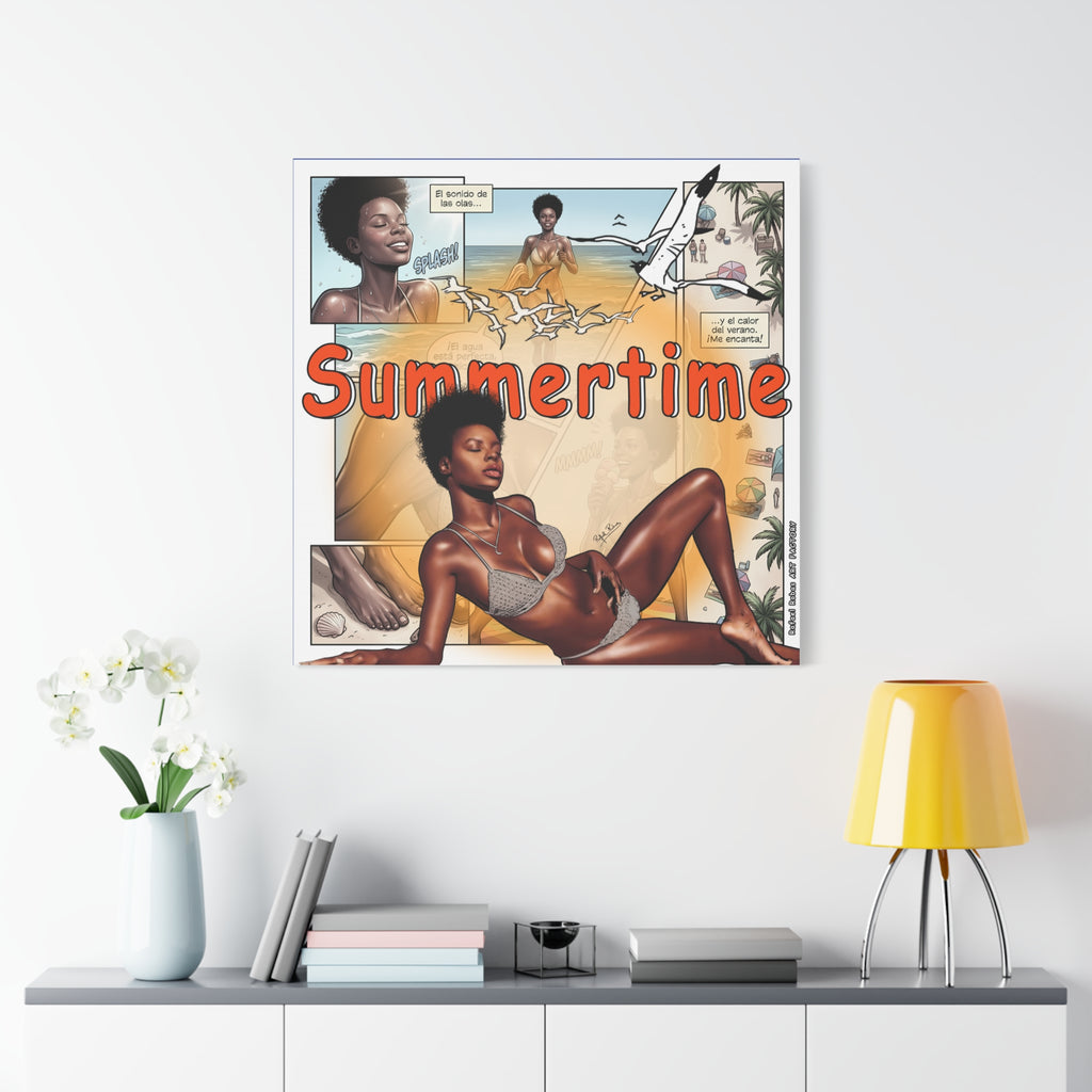 Summertime Beach Art Canvas - Retro Comic Afrocentric Pinup Wall Decor