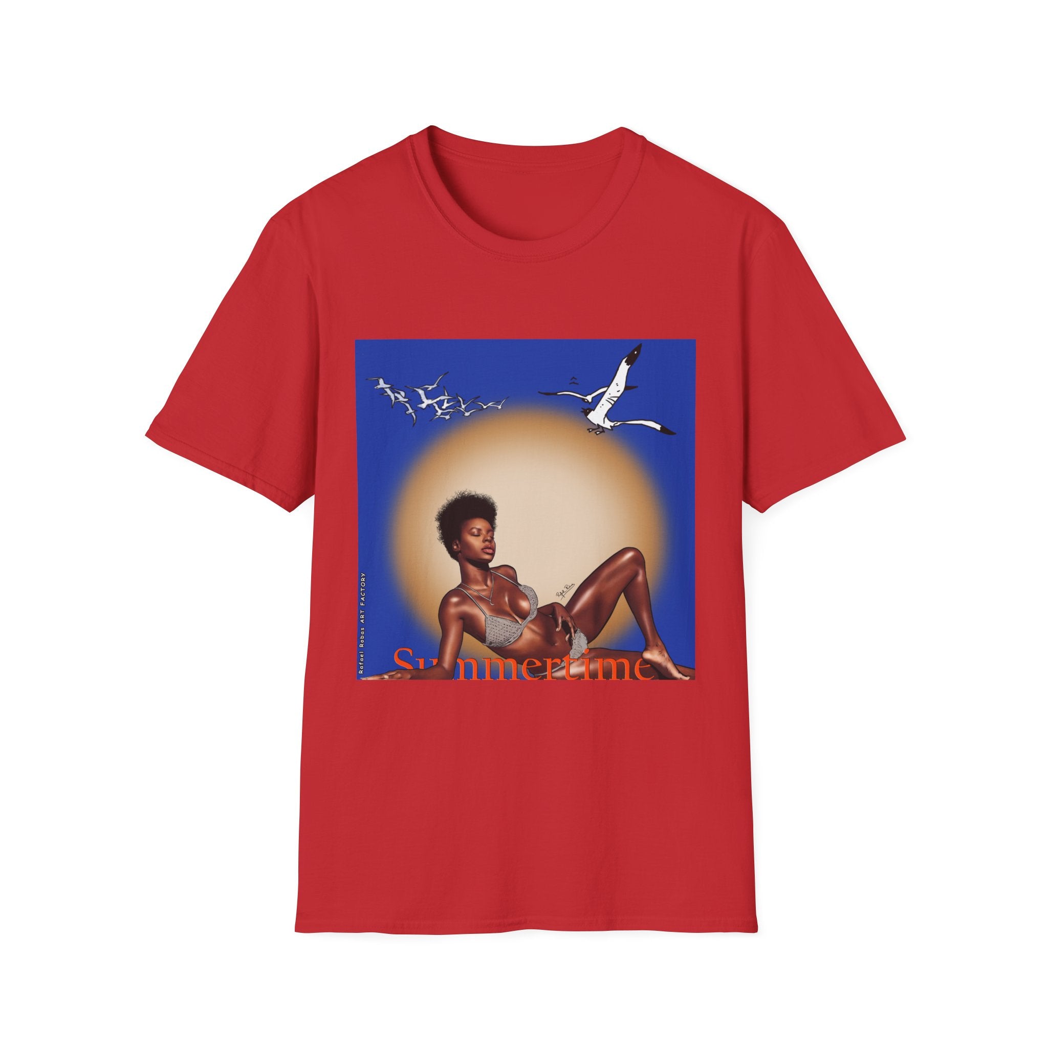 Graphic T-Shirt — Vintage Sun & Seagulls Beach Art (includes text)