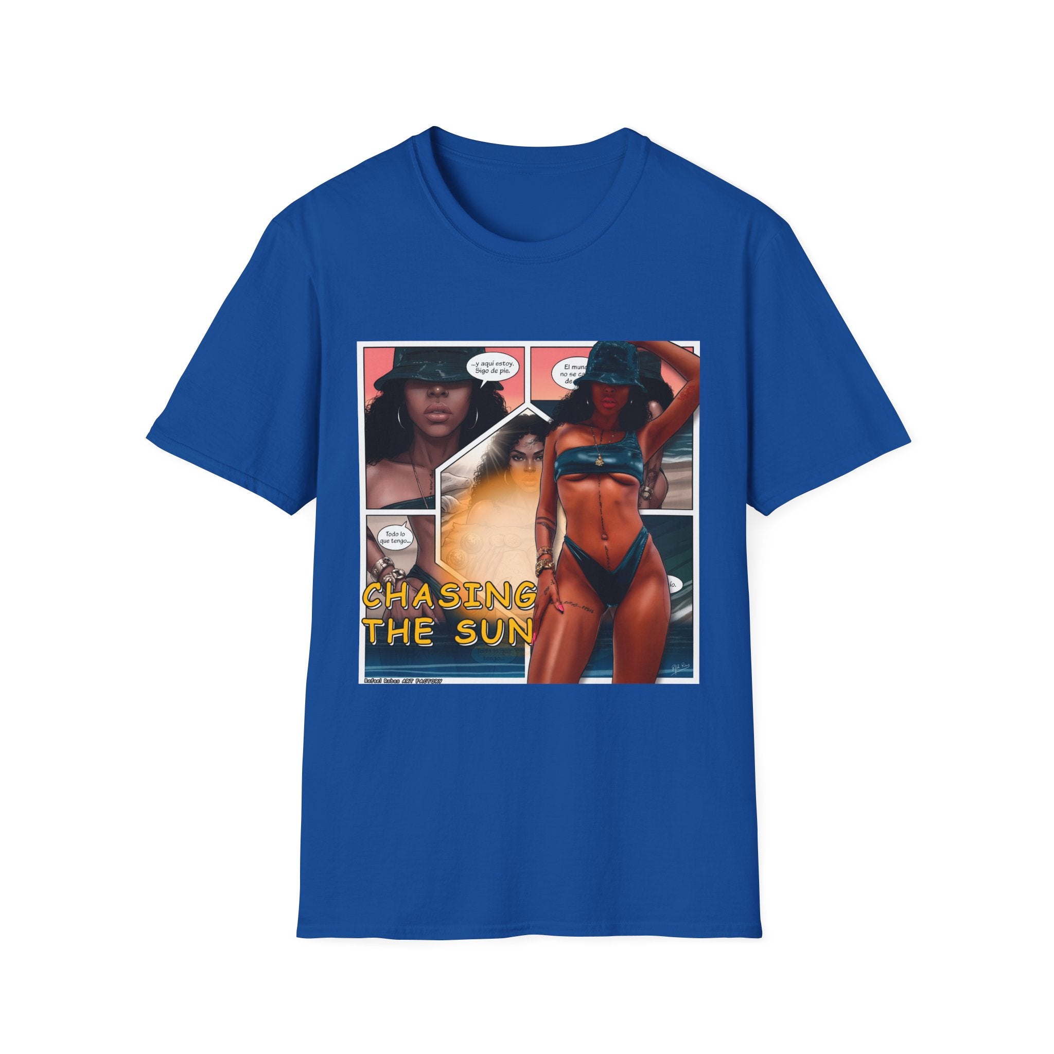 Graphic Swim Babe T-Shirt — "Chasing the Sun" Comic Panel Tee