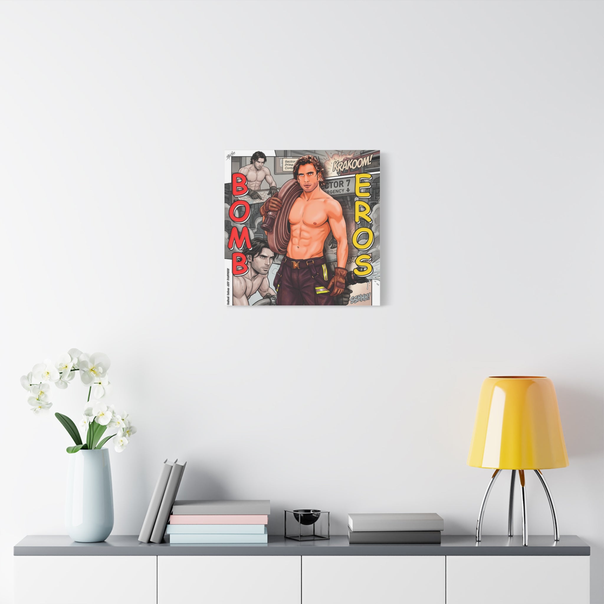 Bomb Eros Firefighter Canvas Art — Comic-Style Shirtless Hero Wall Decor