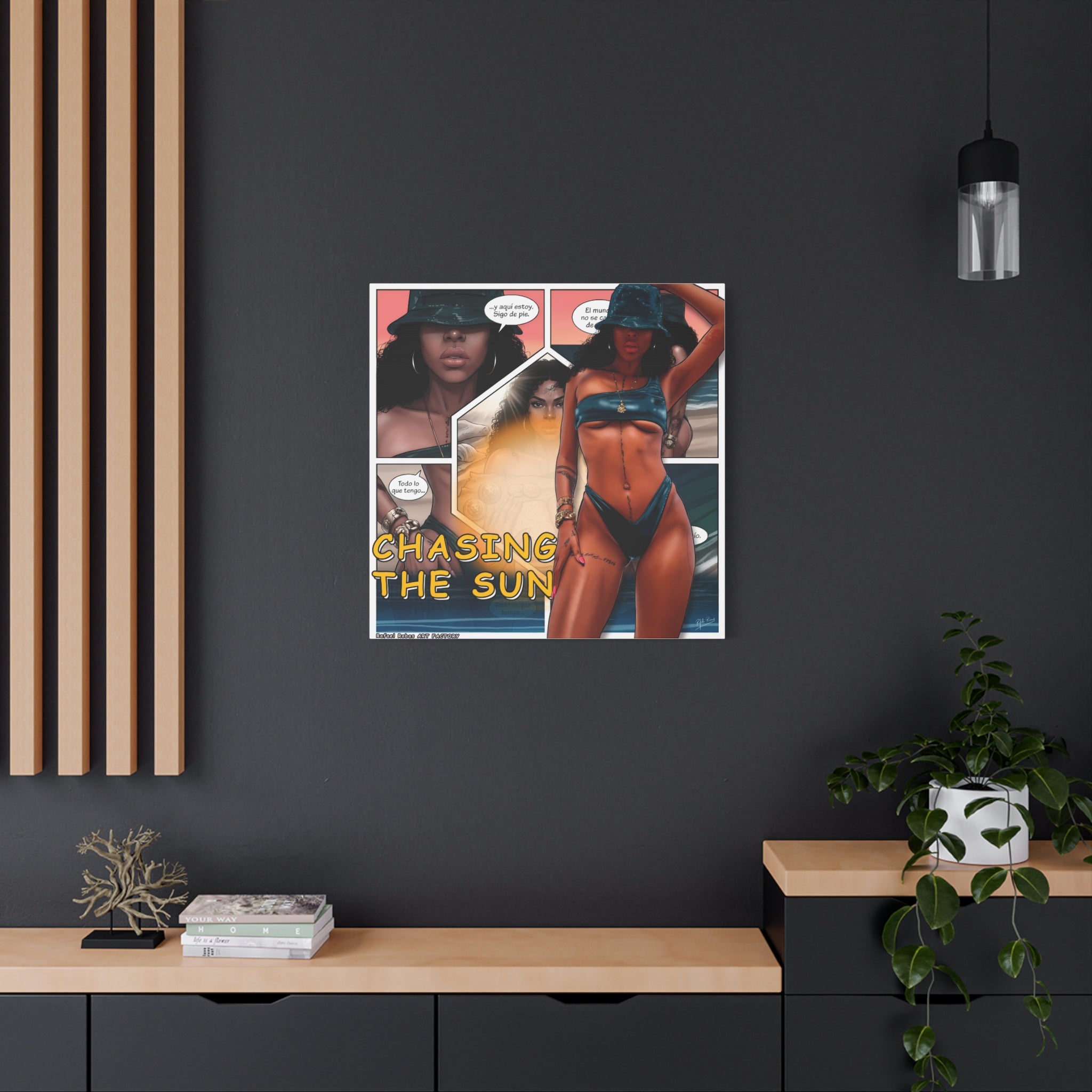 Chasing the Sun Canvas Art — Tropical Pinup Comic Print