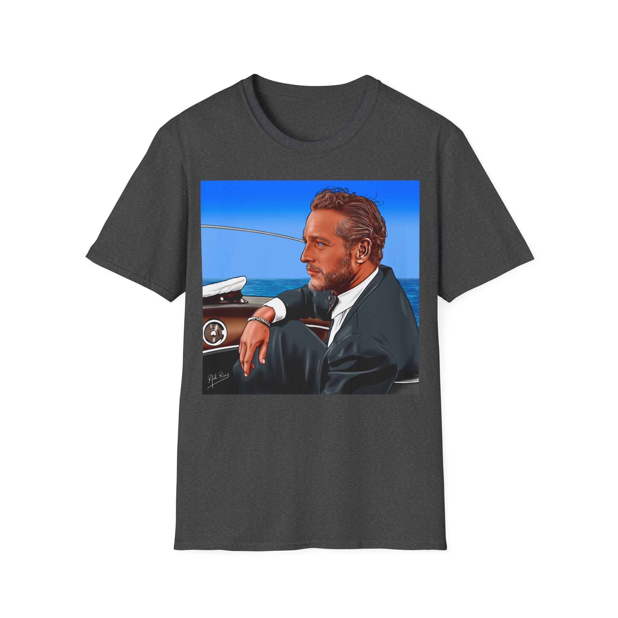 Classic Convertible Portrait T‑Shirt — Retro Gentleman Driving Design