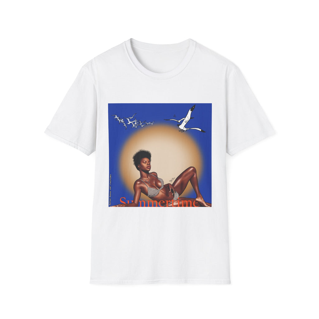 Graphic T-Shirt — Vintage Sun & Seagulls Beach Art (includes text)