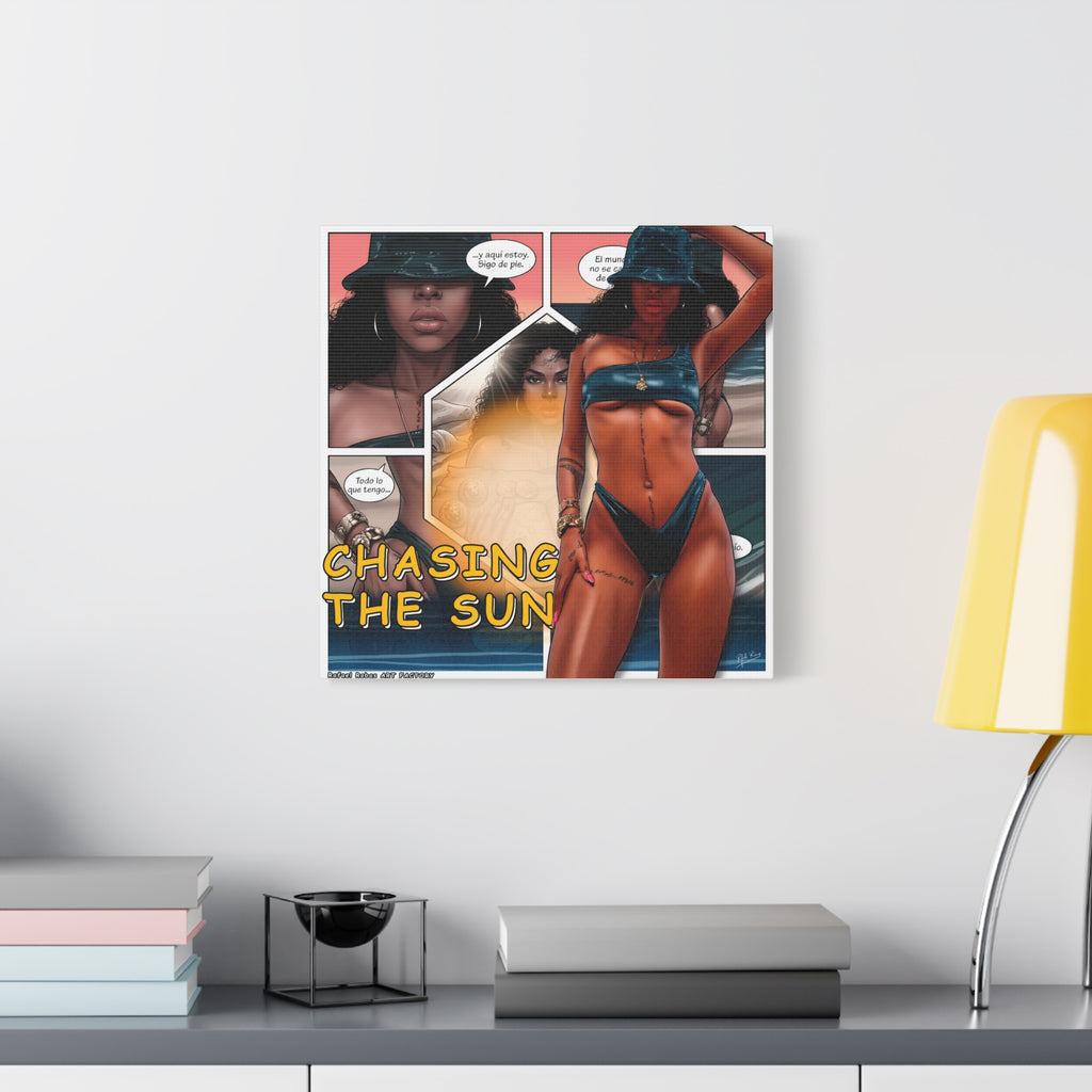 Chasing the Sun Canvas Art — Tropical Pinup Comic Print