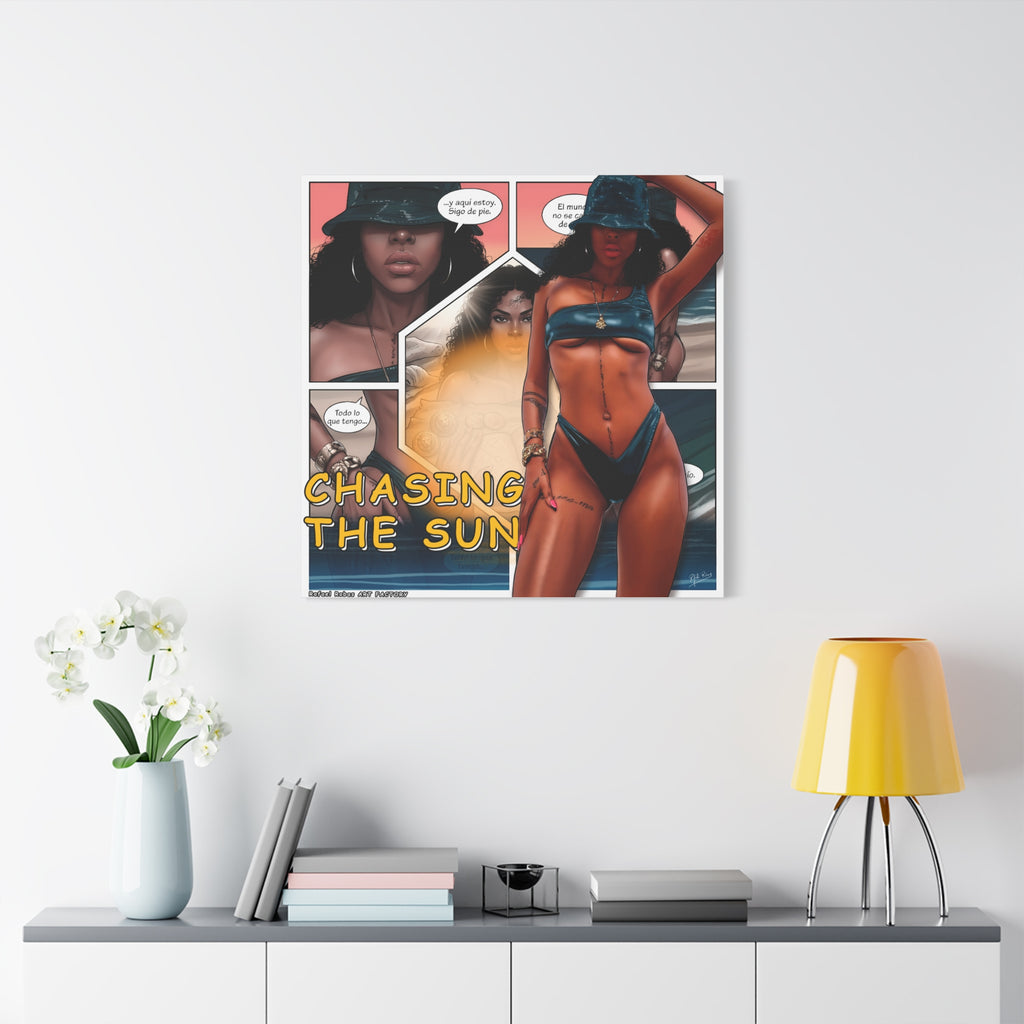 Chasing the Sun Canvas Art — Tropical Pinup Comic Print