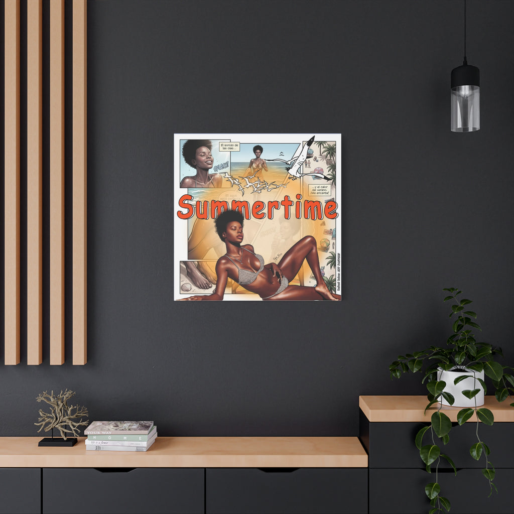 Summertime Beach Art Canvas - Retro Comic Afrocentric Pinup Wall Decor