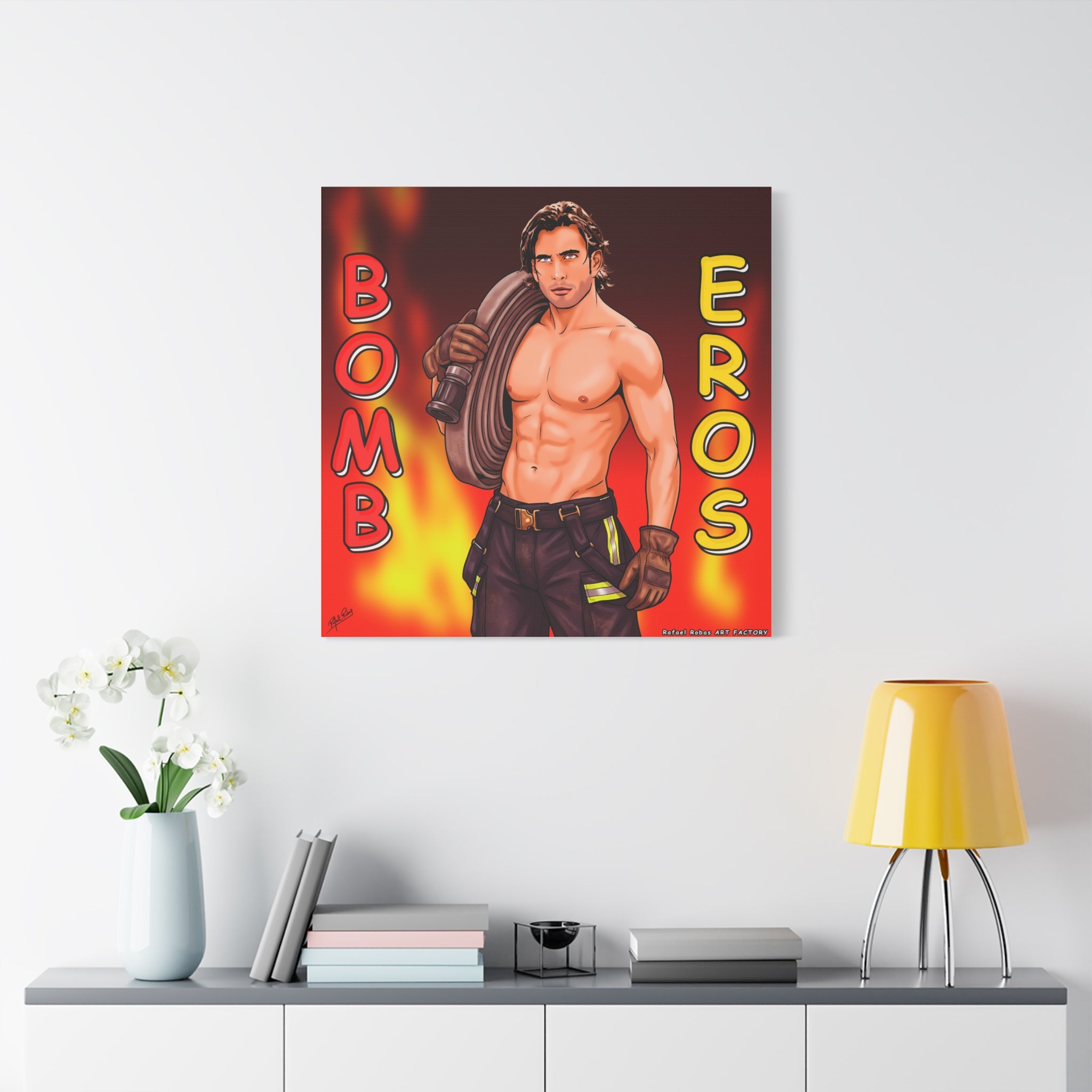 Firefighter Pinup Canvas Print — "Bomb Eros" Matte Stretched Wall Art