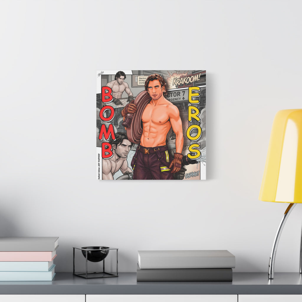 Bomb Eros Firefighter Canvas Art — Comic-Style Shirtless Hero Wall Decor