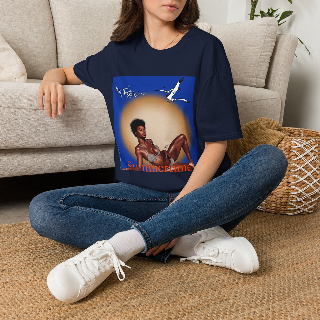 Graphic T-Shirt — Vintage Sun & Seagulls Beach Art (includes text)