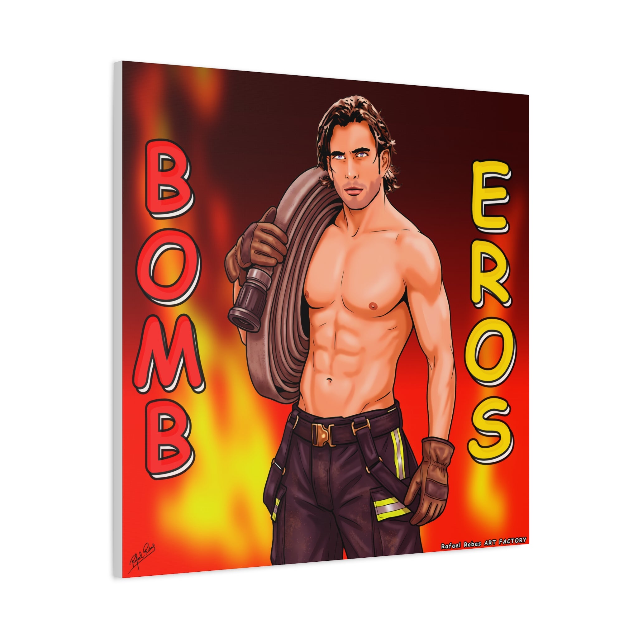 Firefighter Pinup Canvas Print — "Bomb Eros" Matte Stretched Wall Art
