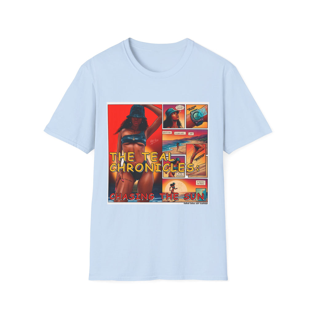 Graphic T-Shirt — "The Teal Chronicles" Retro Comic Surf Art