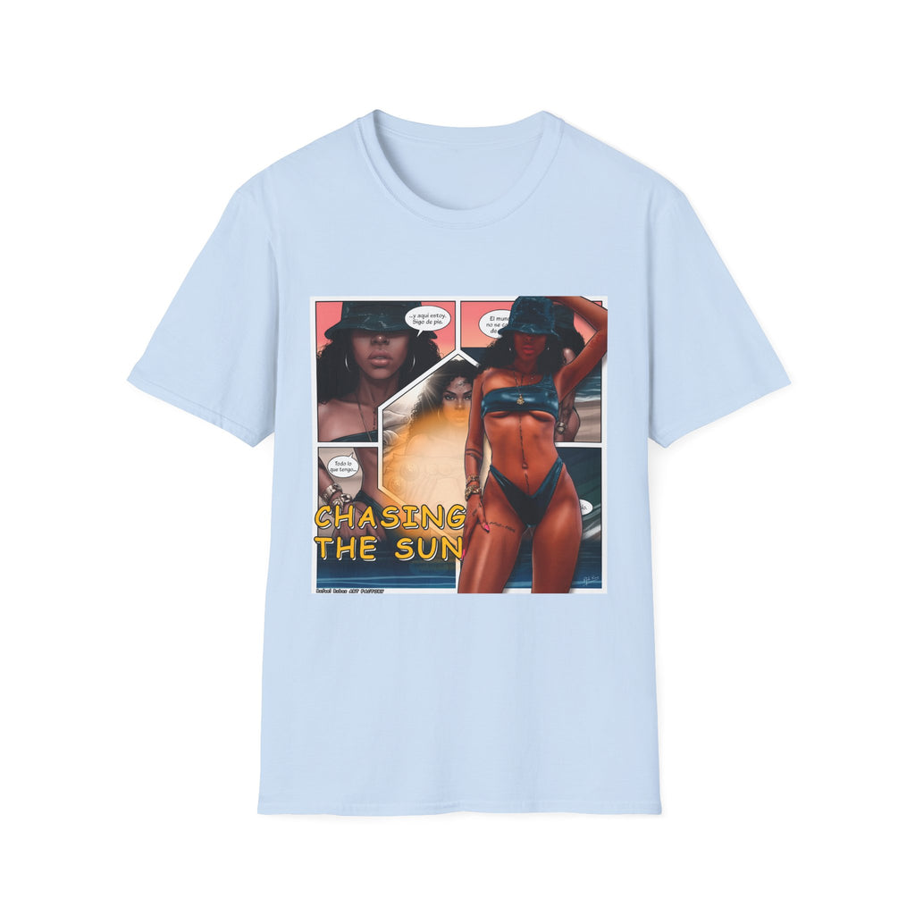 Graphic Swim Babe T-Shirt — "Chasing the Sun" Comic Panel Tee