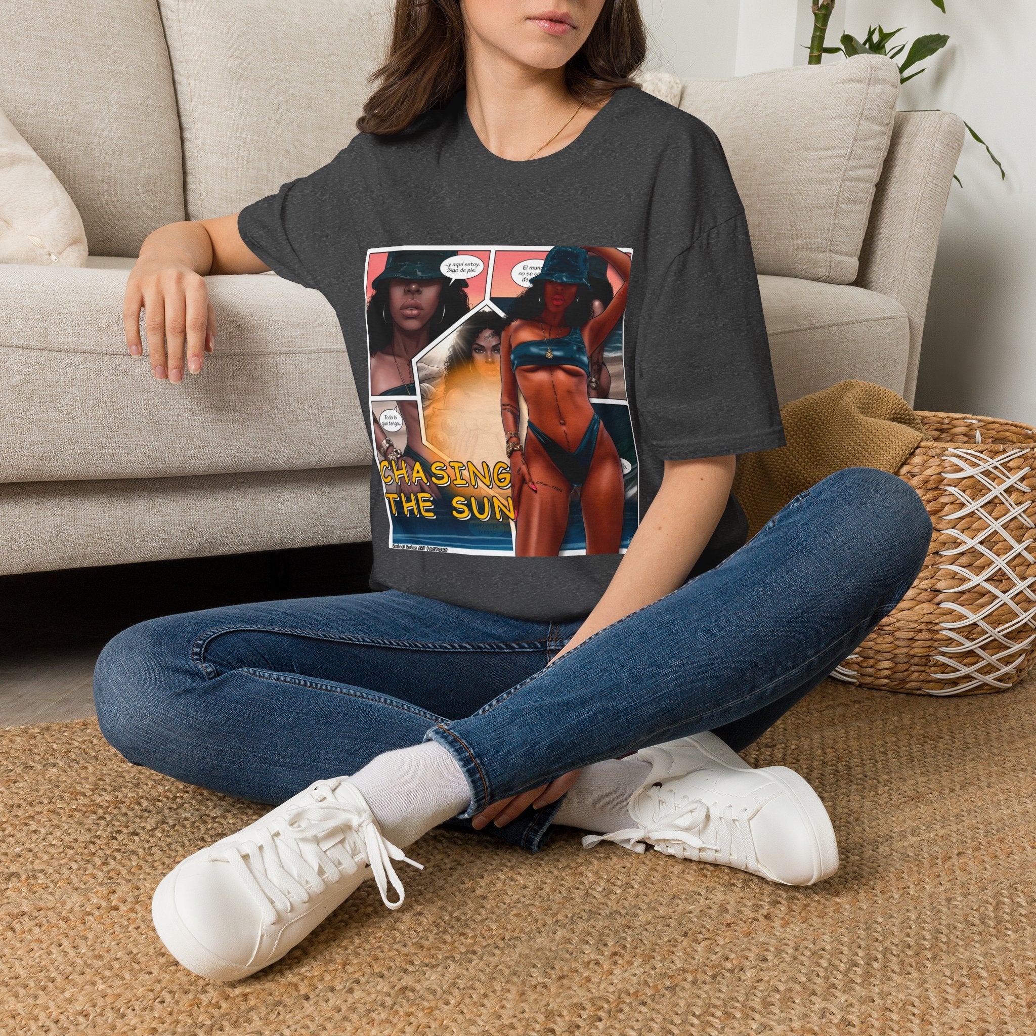 Graphic Swim Babe T-Shirt — "Chasing the Sun" Comic Panel Tee