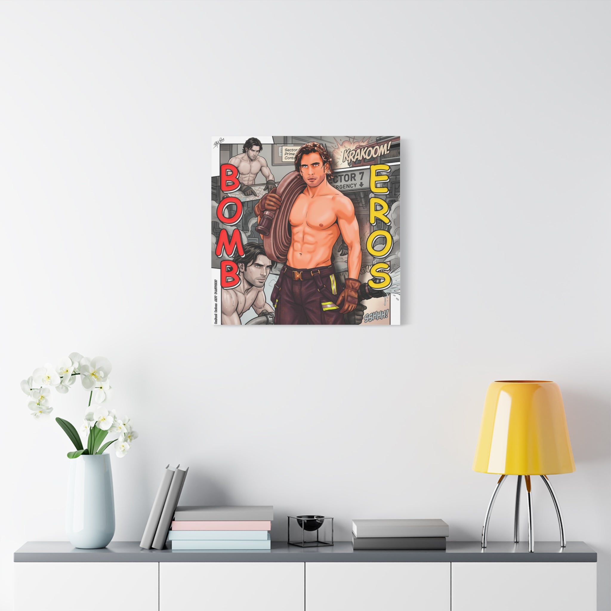 Bomb Eros Firefighter Canvas Art — Comic-Style Shirtless Hero Wall Decor