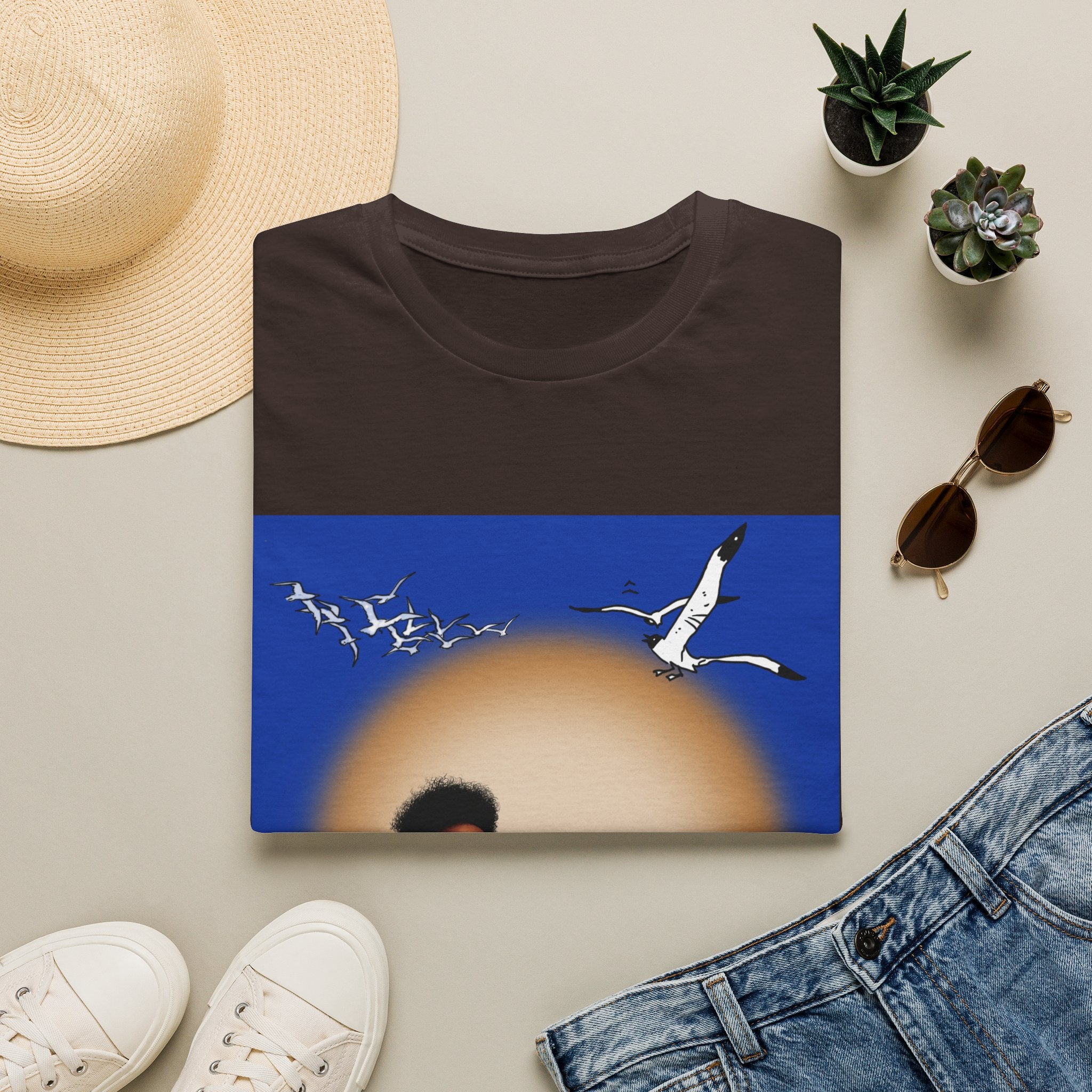Graphic T-Shirt — Vintage Sun & Seagulls Beach Art (includes text)