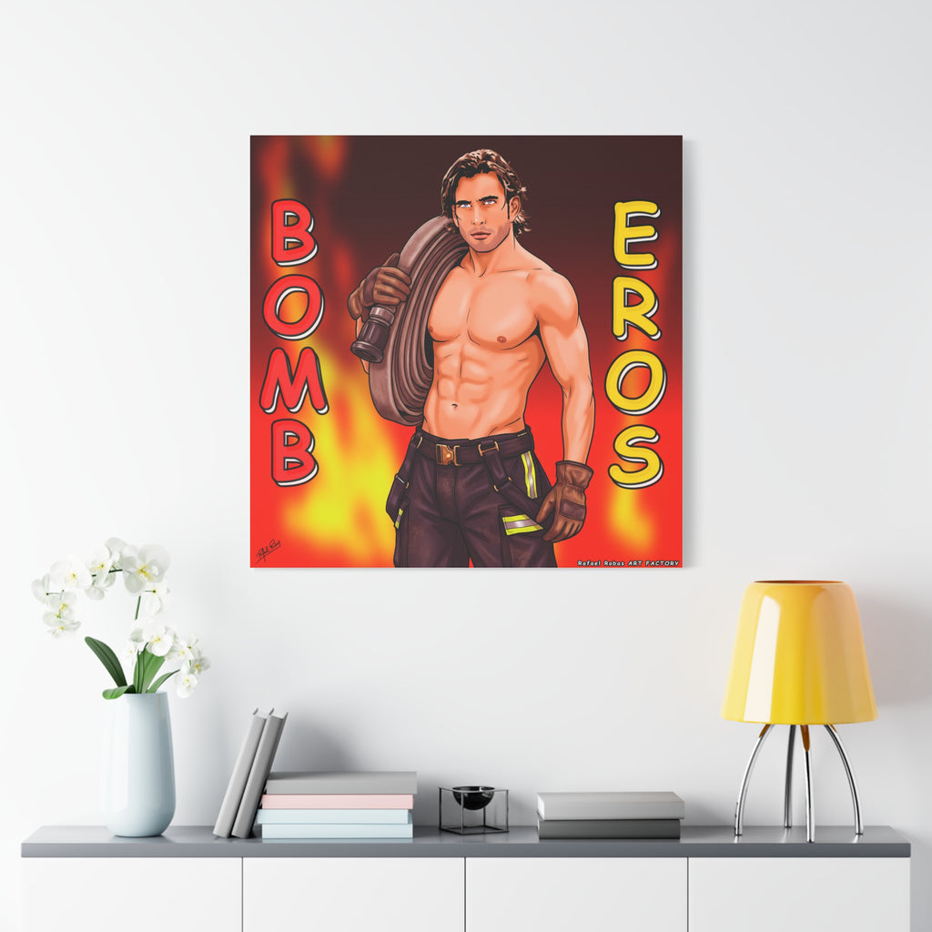 Firefighter Pinup Canvas Print — "Bomb Eros" Matte Stretched Wall Art