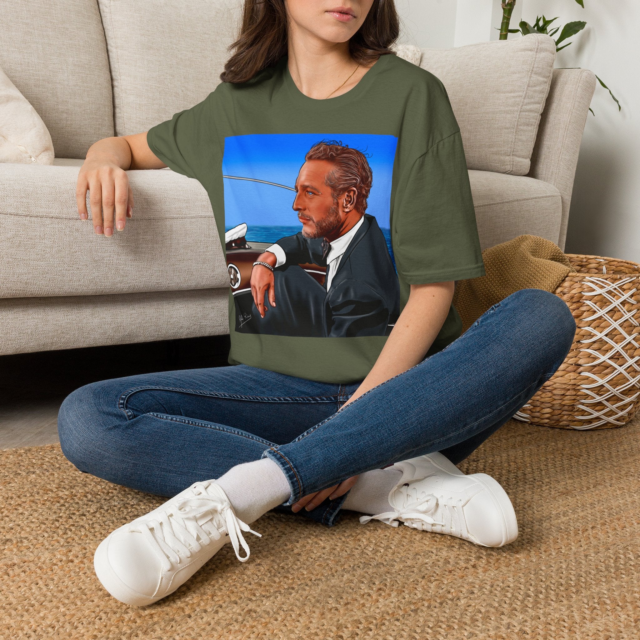 Classic Convertible Portrait T‑Shirt — Retro Gentleman Driving Design