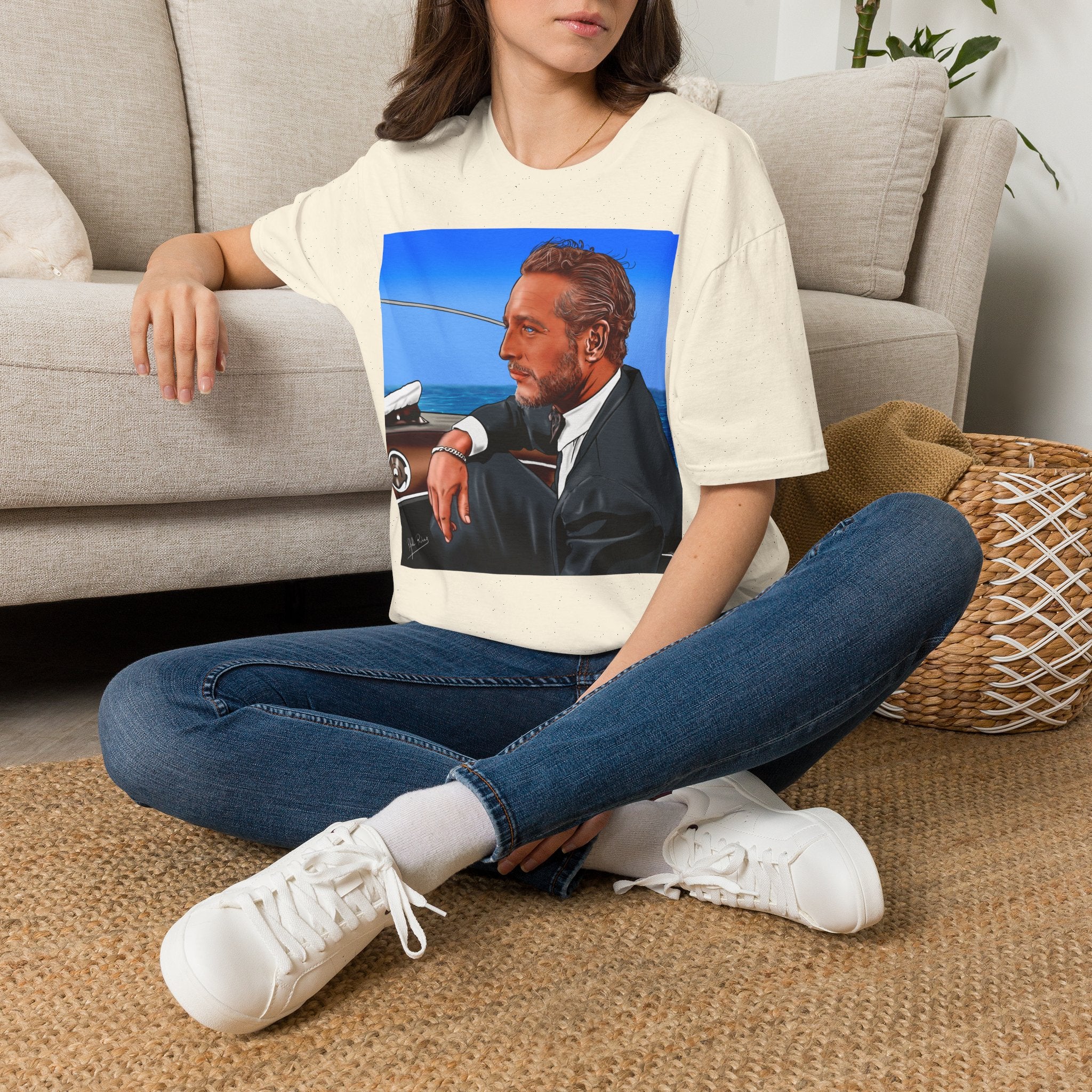 Classic Convertible Portrait T‑Shirt — Retro Gentleman Driving Design