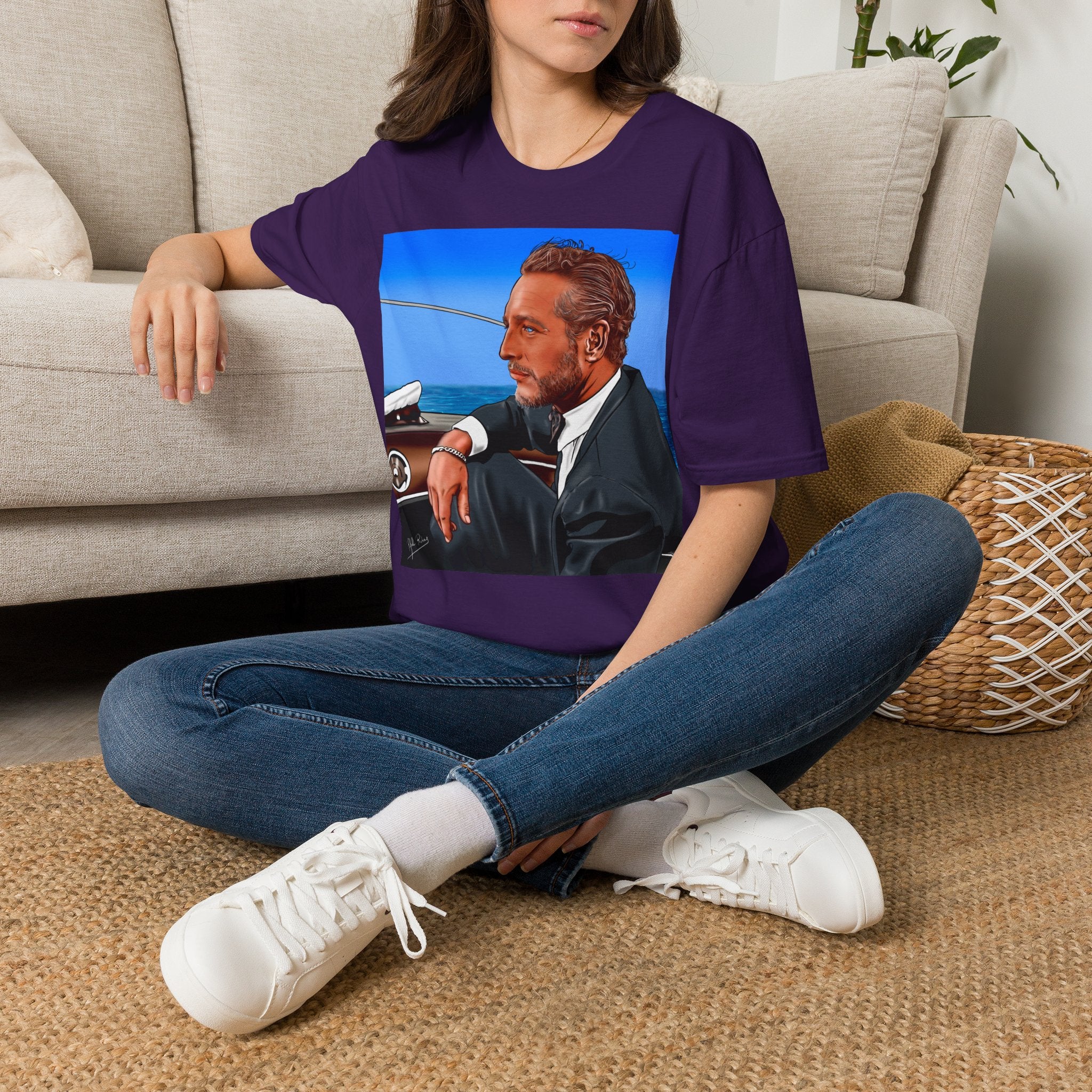 Classic Convertible Portrait T‑Shirt — Retro Gentleman Driving Design
