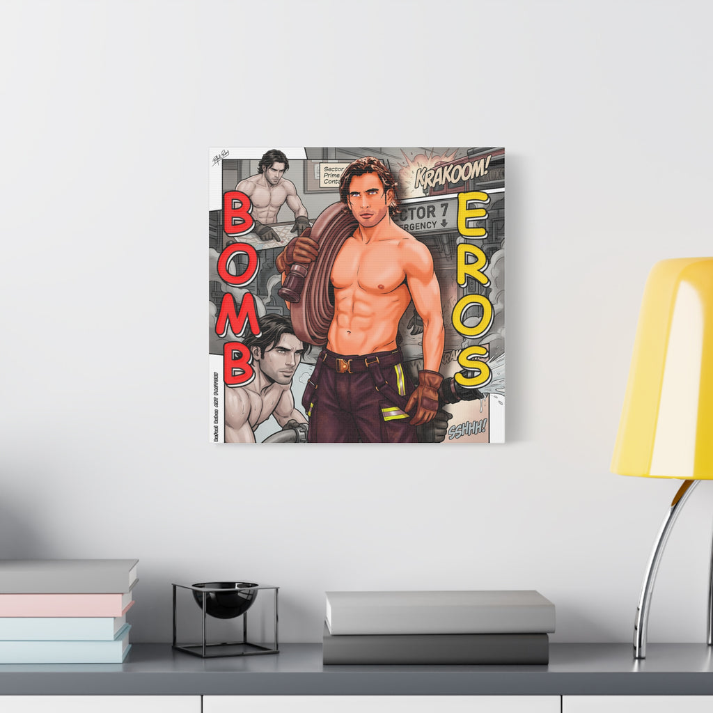 Bomb Eros Firefighter Canvas Art — Comic-Style Shirtless Hero Wall Decor