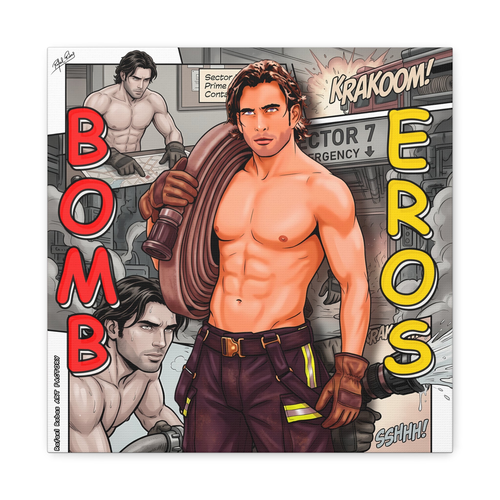 Bomb Eros Firefighter Canvas Art — Comic-Style Shirtless Hero Wall Decor