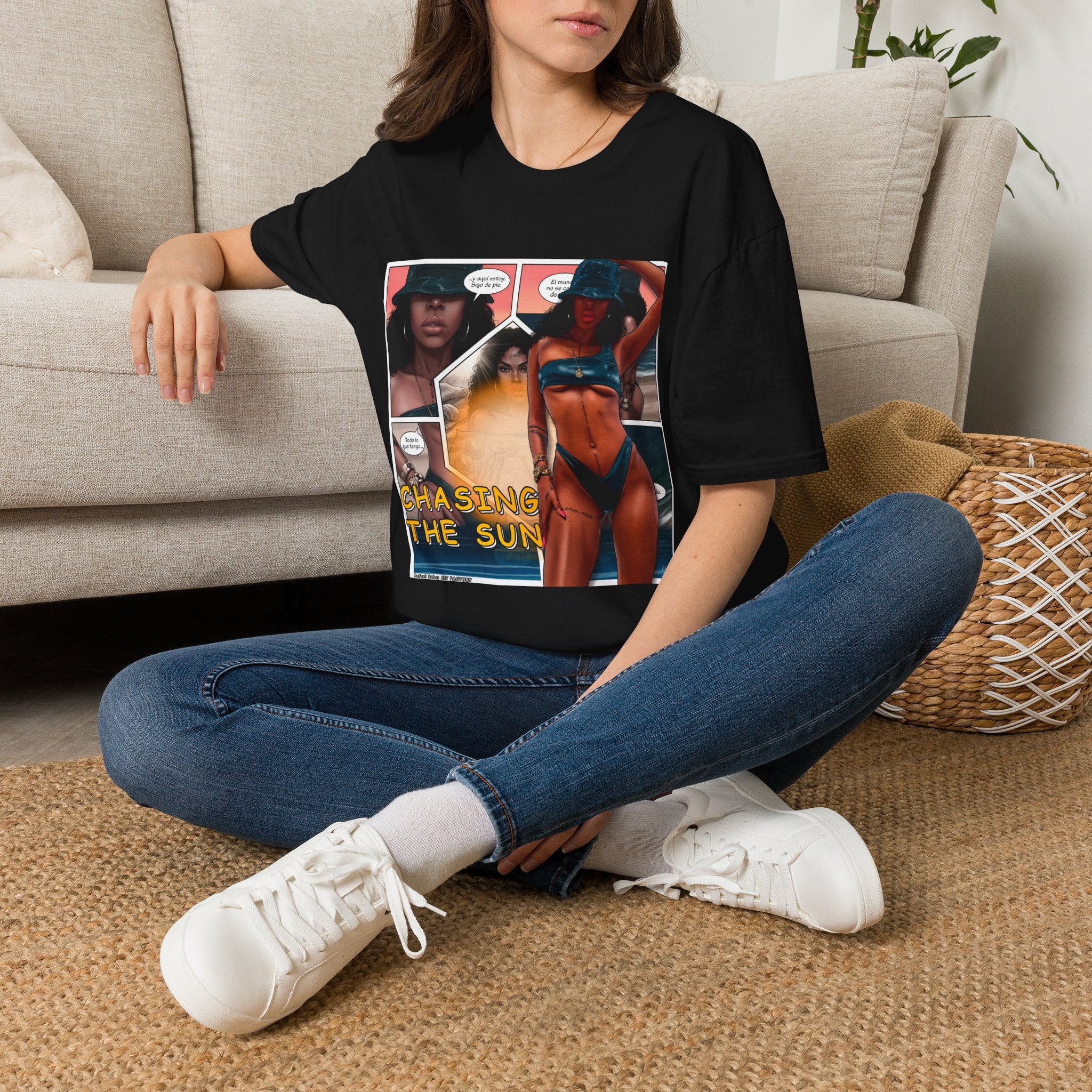 Graphic Swim Babe T-Shirt — "Chasing the Sun" Comic Panel Tee