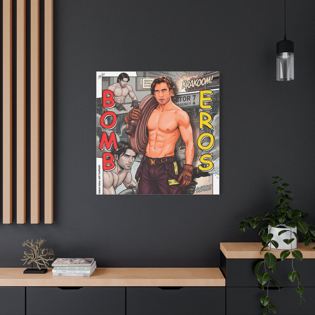 Bomb Eros Firefighter Canvas Art — Comic-Style Shirtless Hero Wall Decor