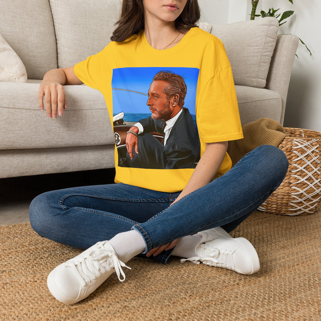 Classic Convertible Portrait T‑Shirt — Retro Gentleman Driving Design