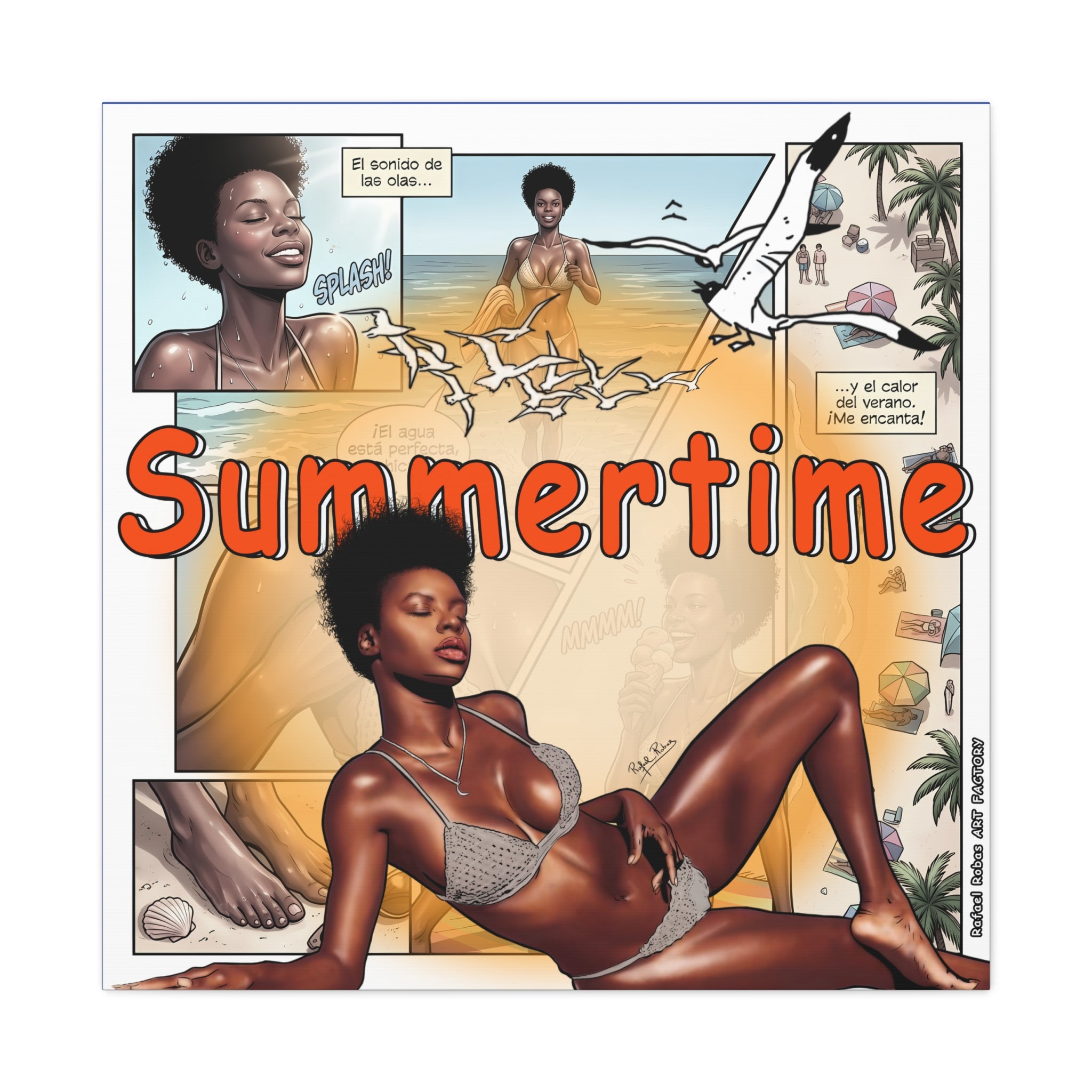 Summertime Beach Art Canvas - Retro Comic Afrocentric Pinup Wall Decor