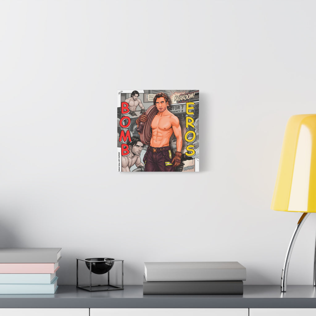 Bomb Eros Firefighter Canvas Art — Comic-Style Shirtless Hero Wall Decor