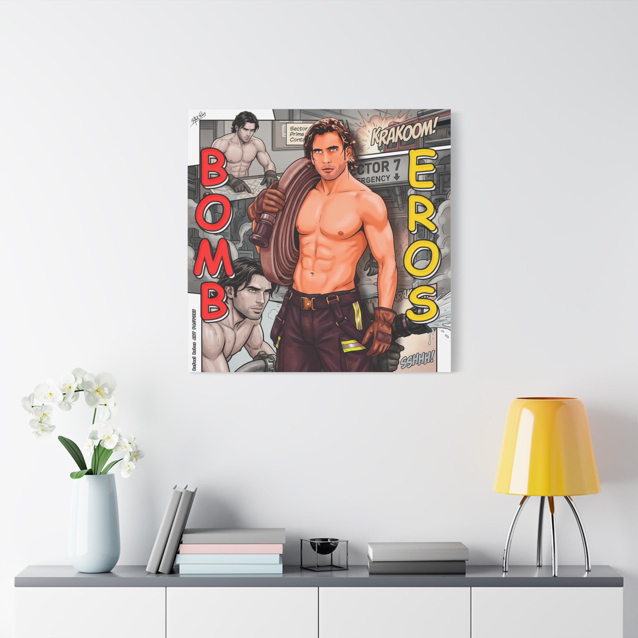 Bomb Eros Firefighter Canvas Art — Comic-Style Shirtless Hero Wall Decor