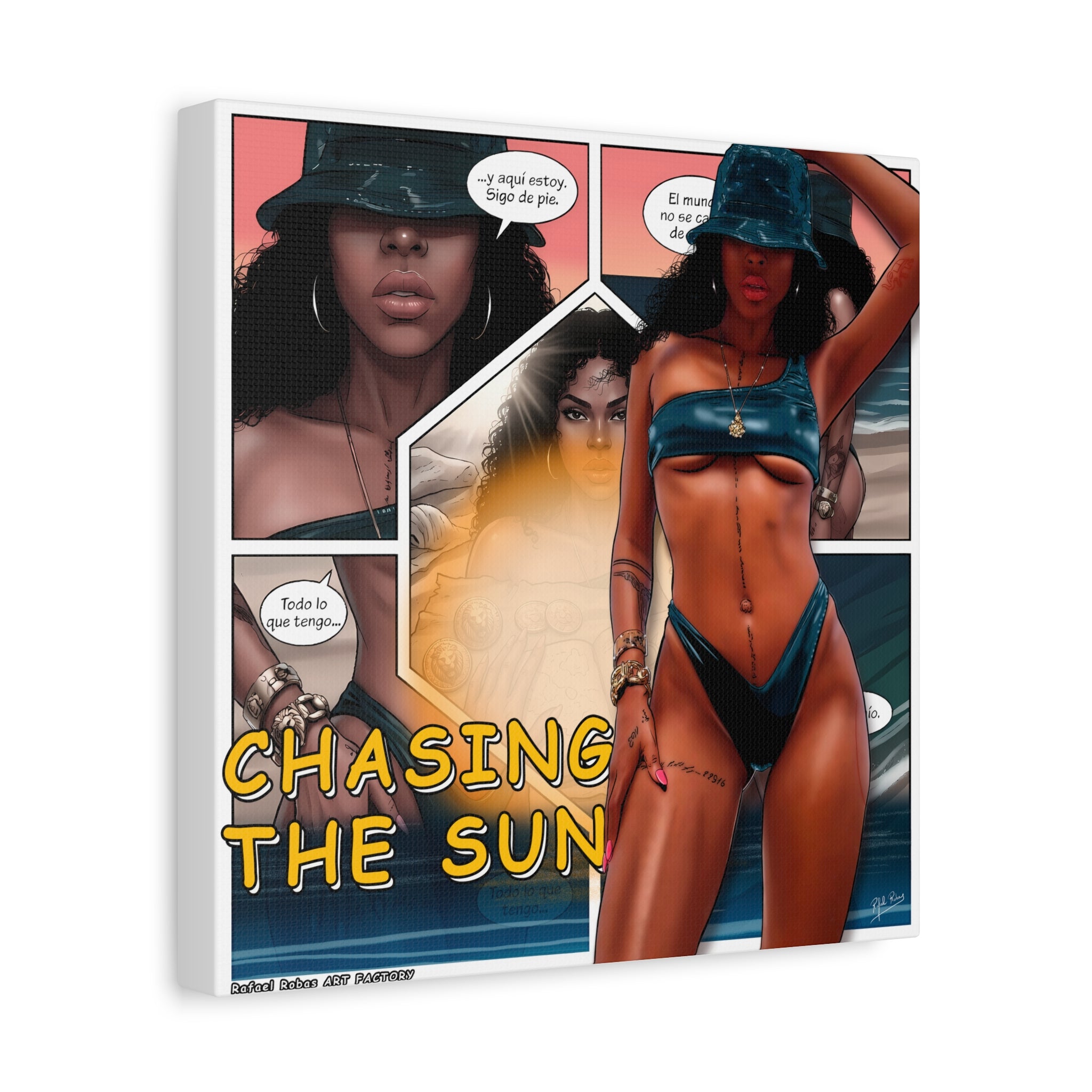 Chasing the Sun Canvas Art — Tropical Pinup Comic Print