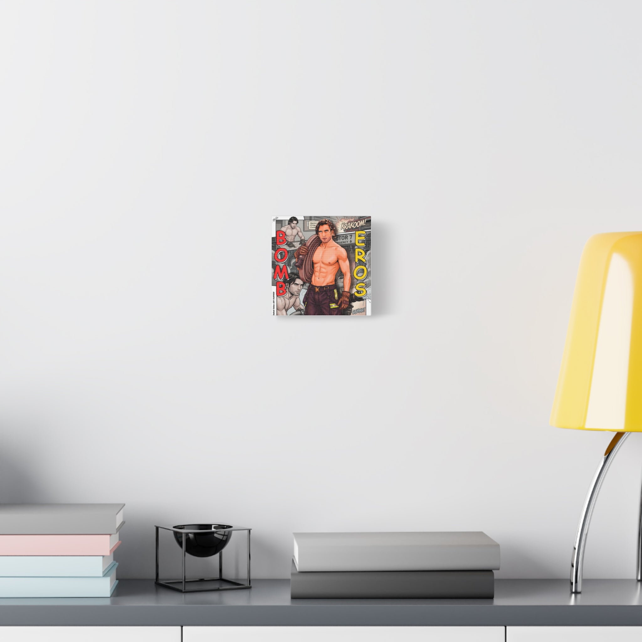 Bomb Eros Firefighter Canvas Art — Comic-Style Shirtless Hero Wall Decor