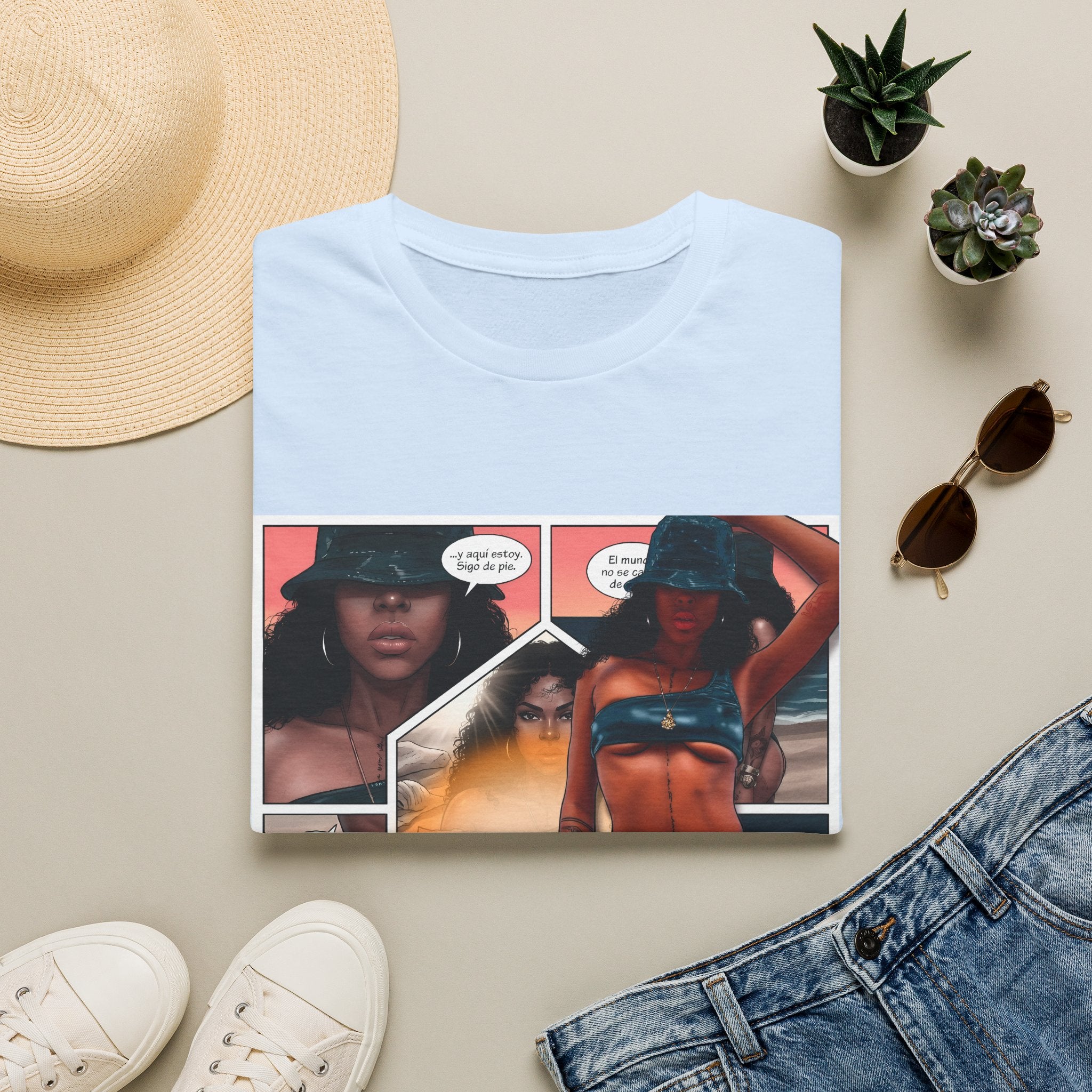 Graphic Swim Babe T-Shirt — "Chasing the Sun" Comic Panel Tee