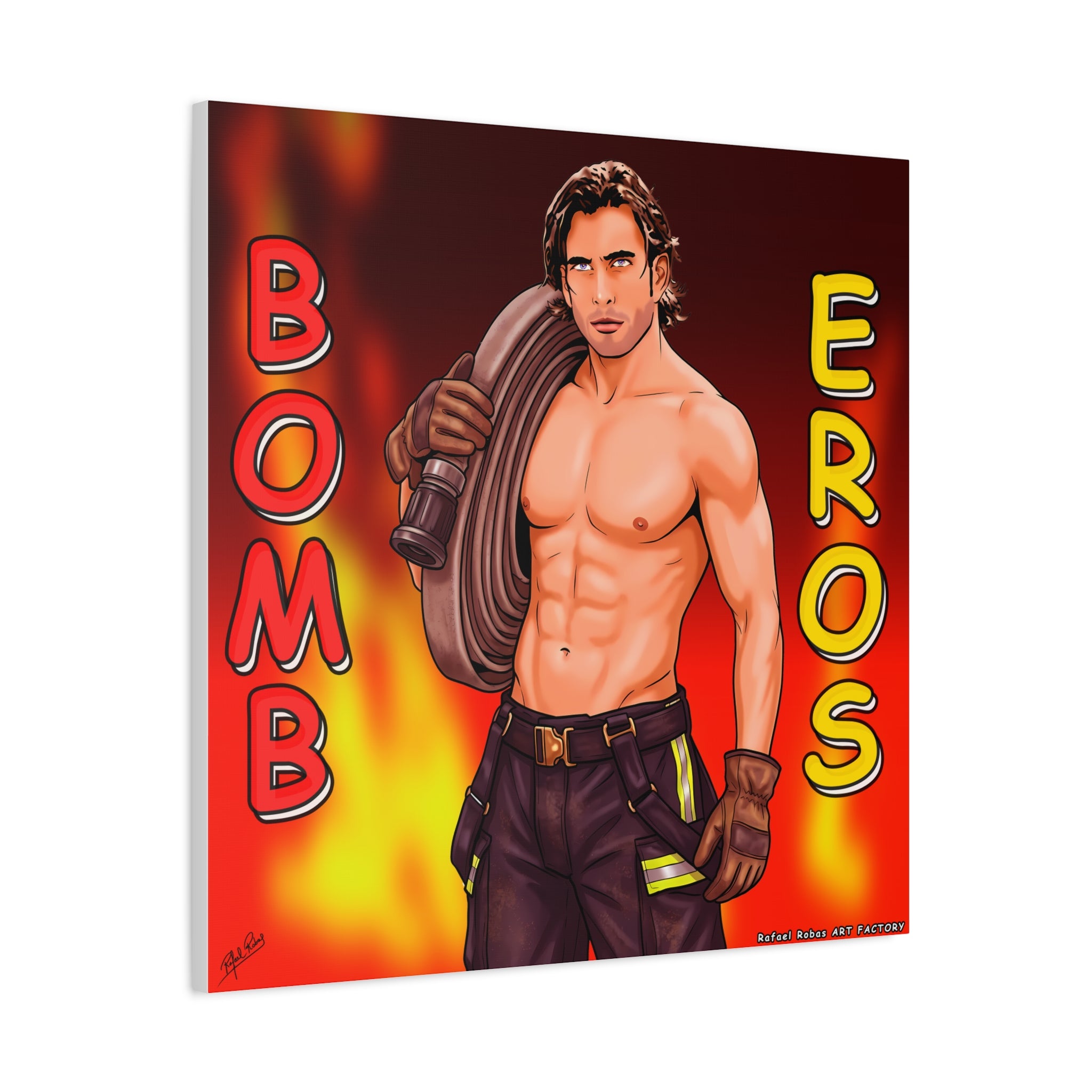 Firefighter Pinup Canvas Print — "Bomb Eros" Matte Stretched Wall Art