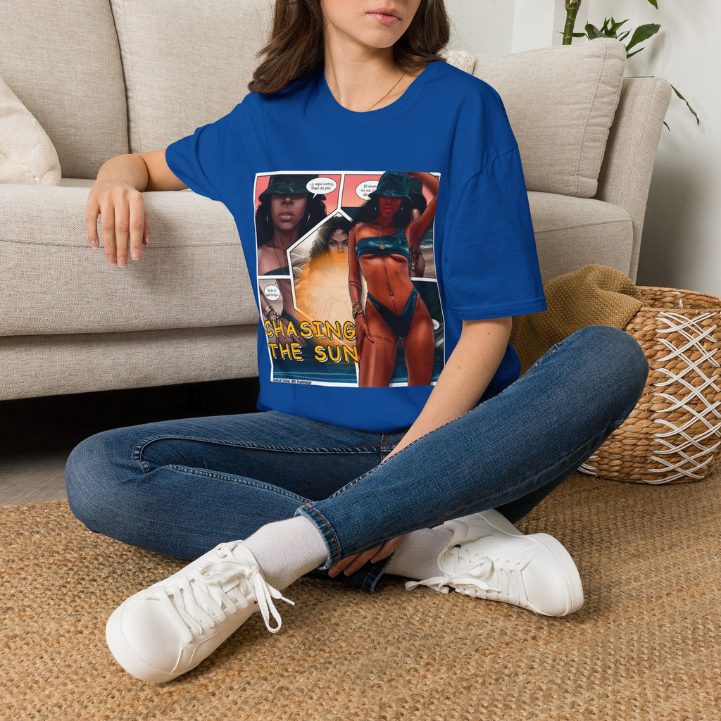Graphic Swim Babe T-Shirt — "Chasing the Sun" Comic Panel Tee