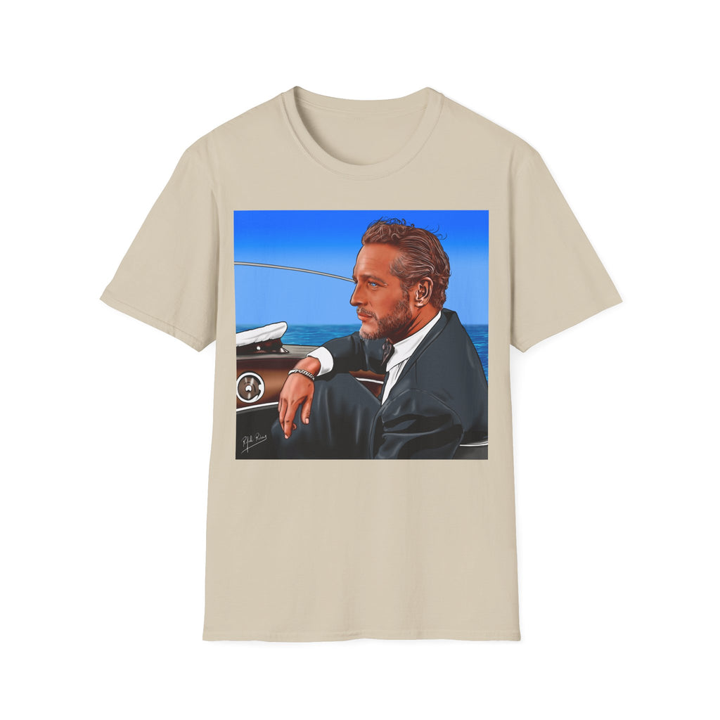 Classic Convertible Portrait T‑Shirt — Retro Gentleman Driving Design