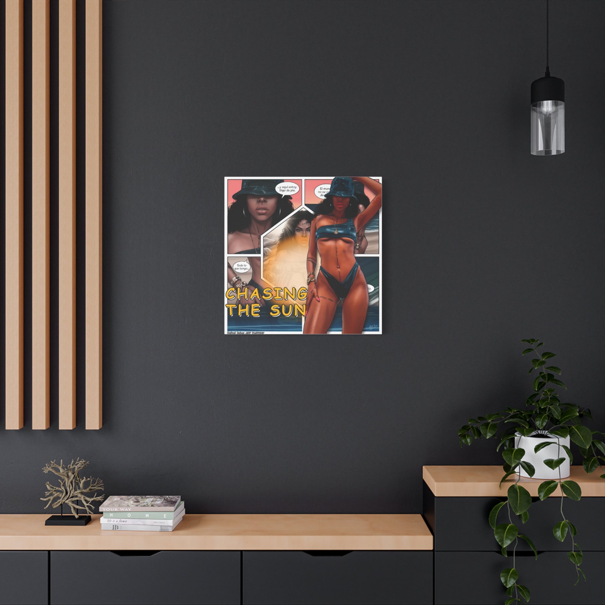 Chasing the Sun Canvas Art — Tropical Pinup Comic Print