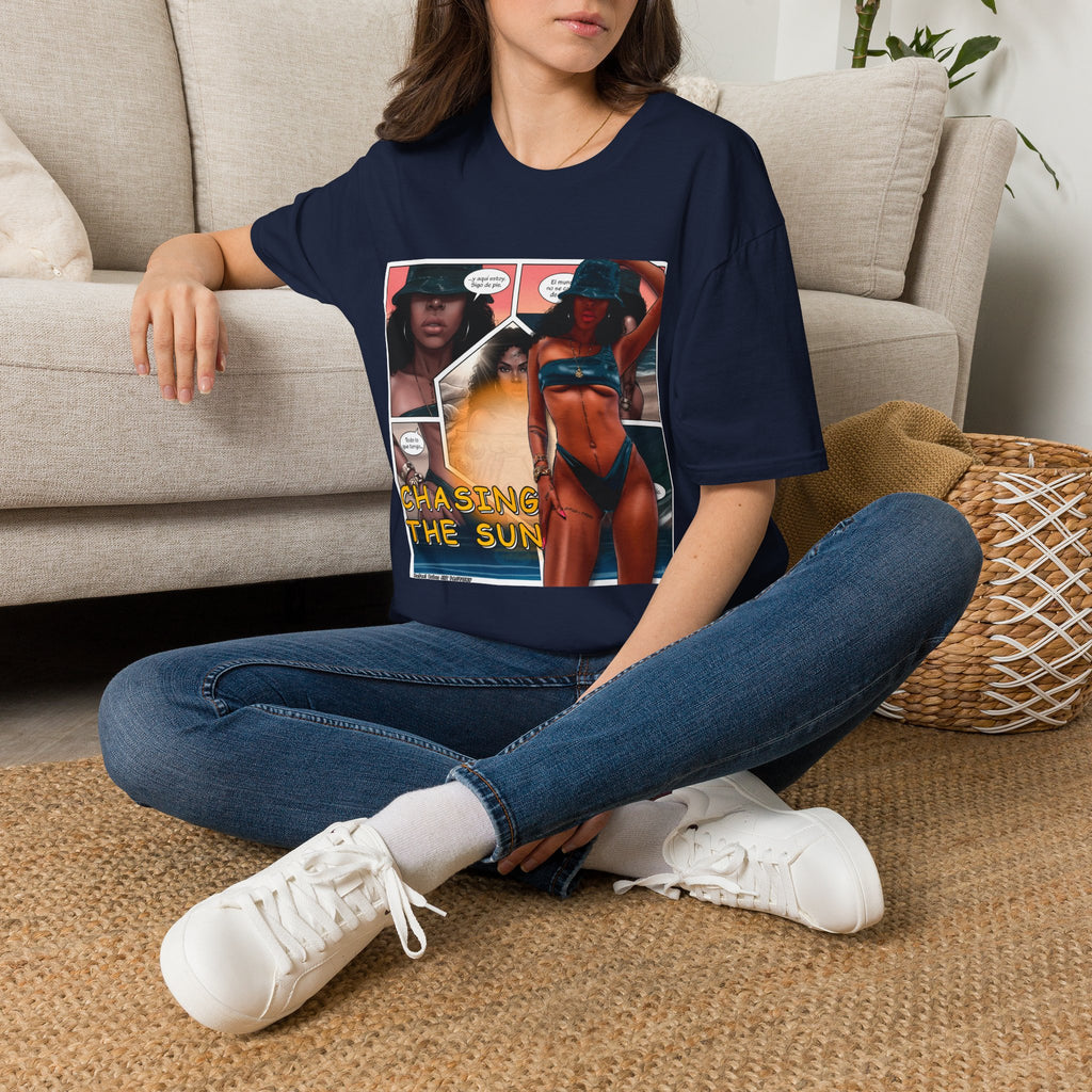 Graphic Swim Babe T-Shirt — "Chasing the Sun" Comic Panel Tee