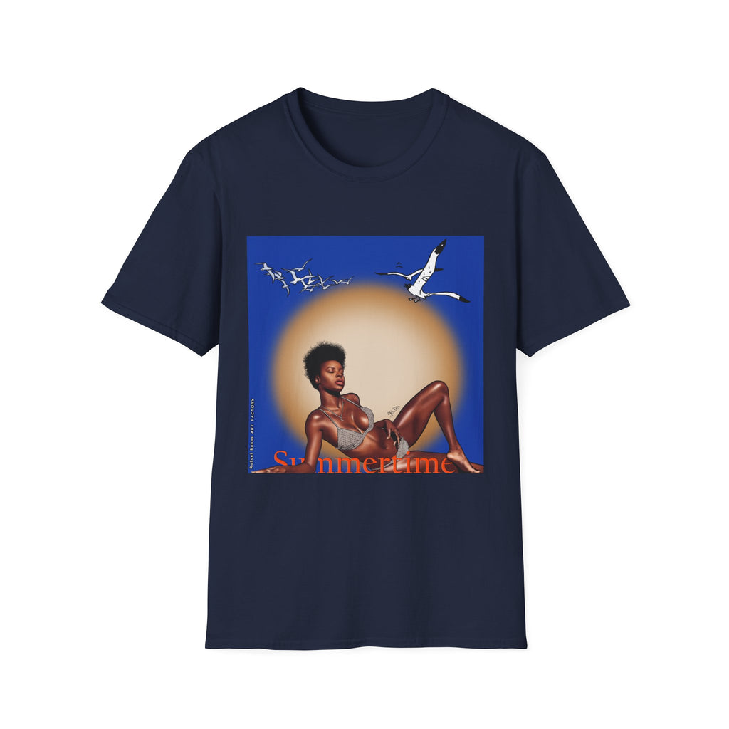 Graphic T-Shirt — Vintage Sun & Seagulls Beach Art (includes text)