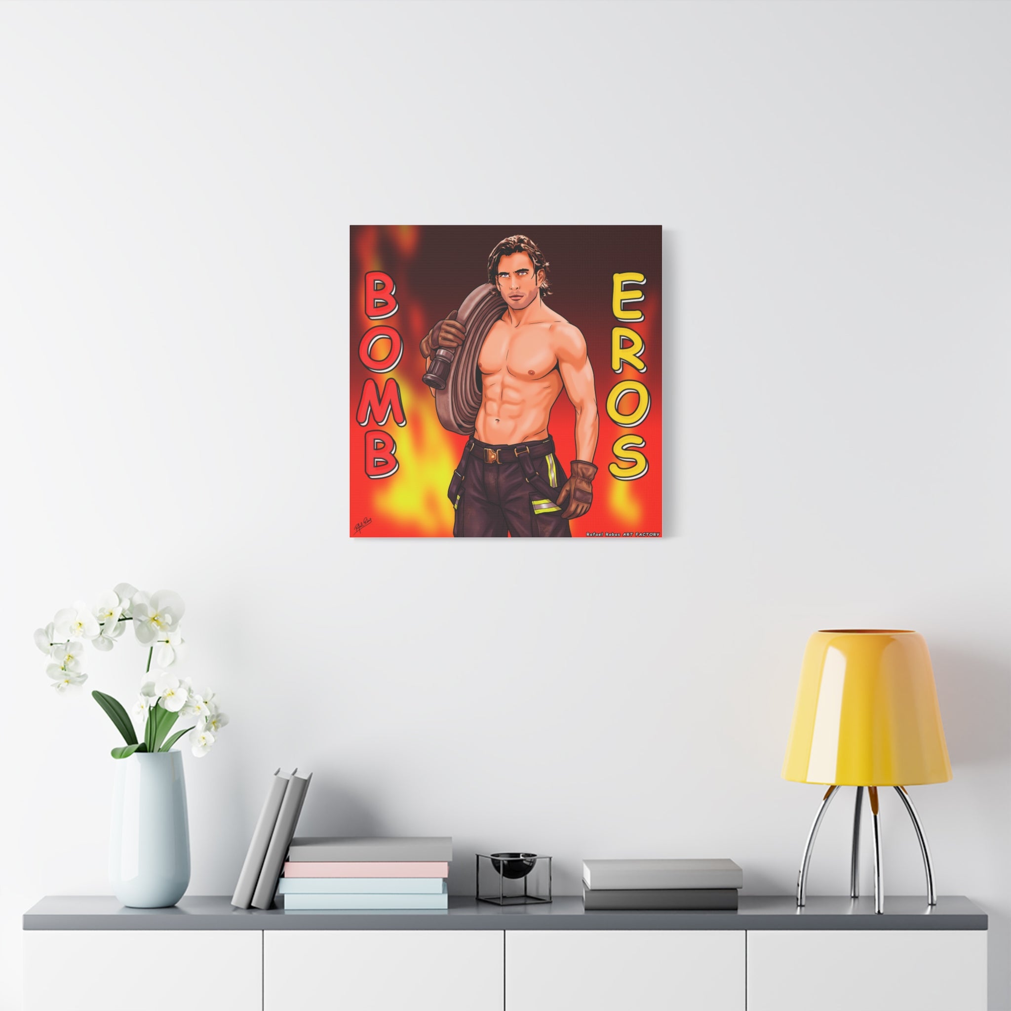 Firefighter Pinup Canvas Print — "Bomb Eros" Matte Stretched Wall Art