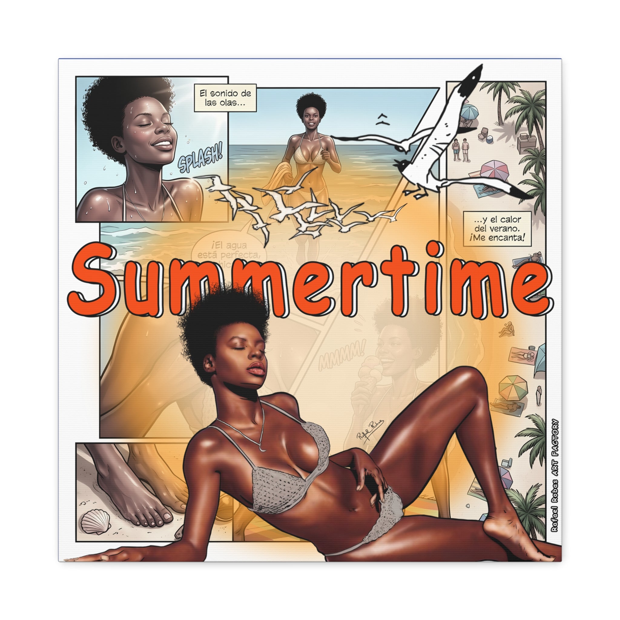 Summertime Beach Art Canvas - Retro Comic Afrocentric Pinup Wall Decor