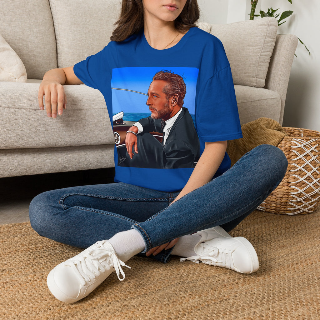 Classic Convertible Portrait T‑Shirt — Retro Gentleman Driving Design