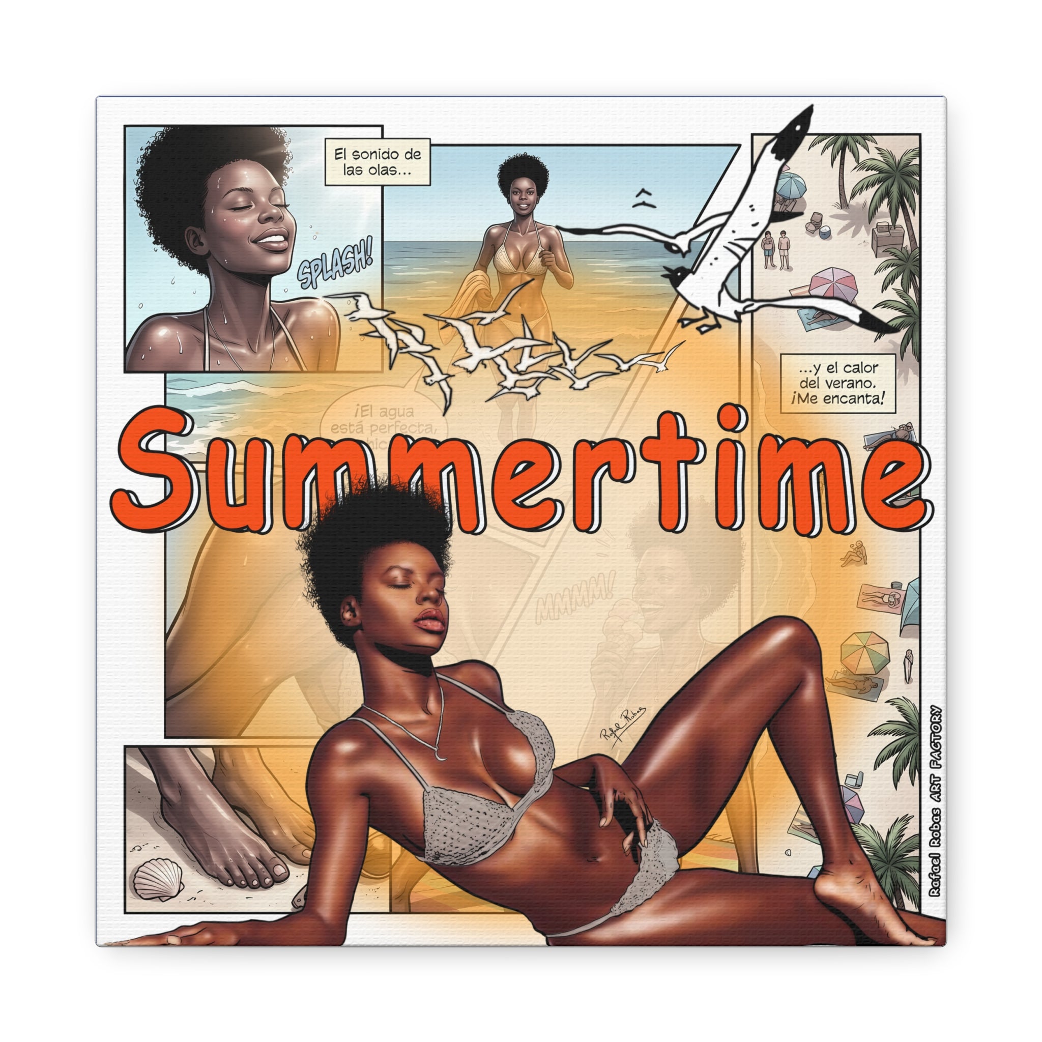 Summertime Beach Art Canvas - Retro Comic Afrocentric Pinup Wall Decor