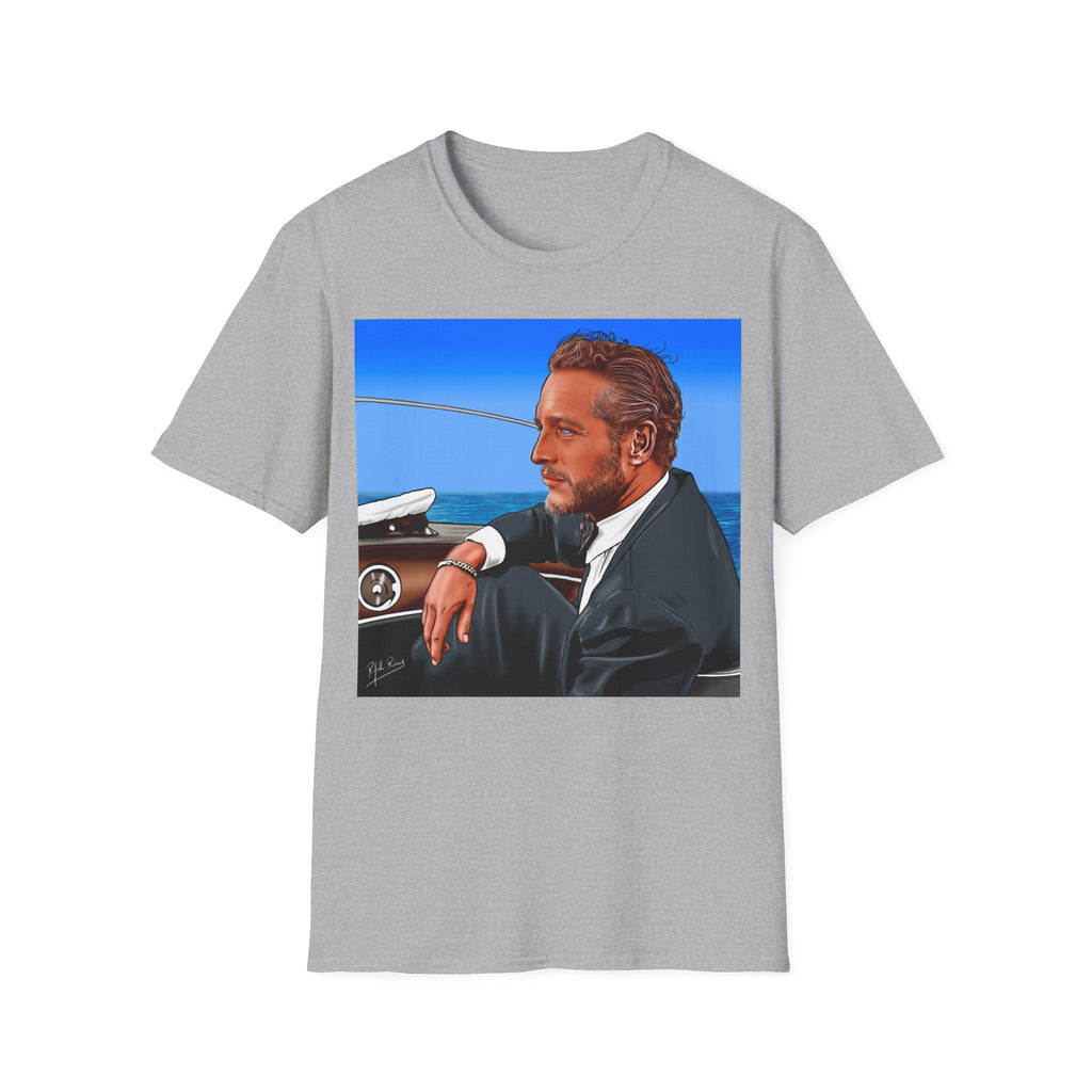 Classic Convertible Portrait T‑Shirt — Retro Gentleman Driving Design