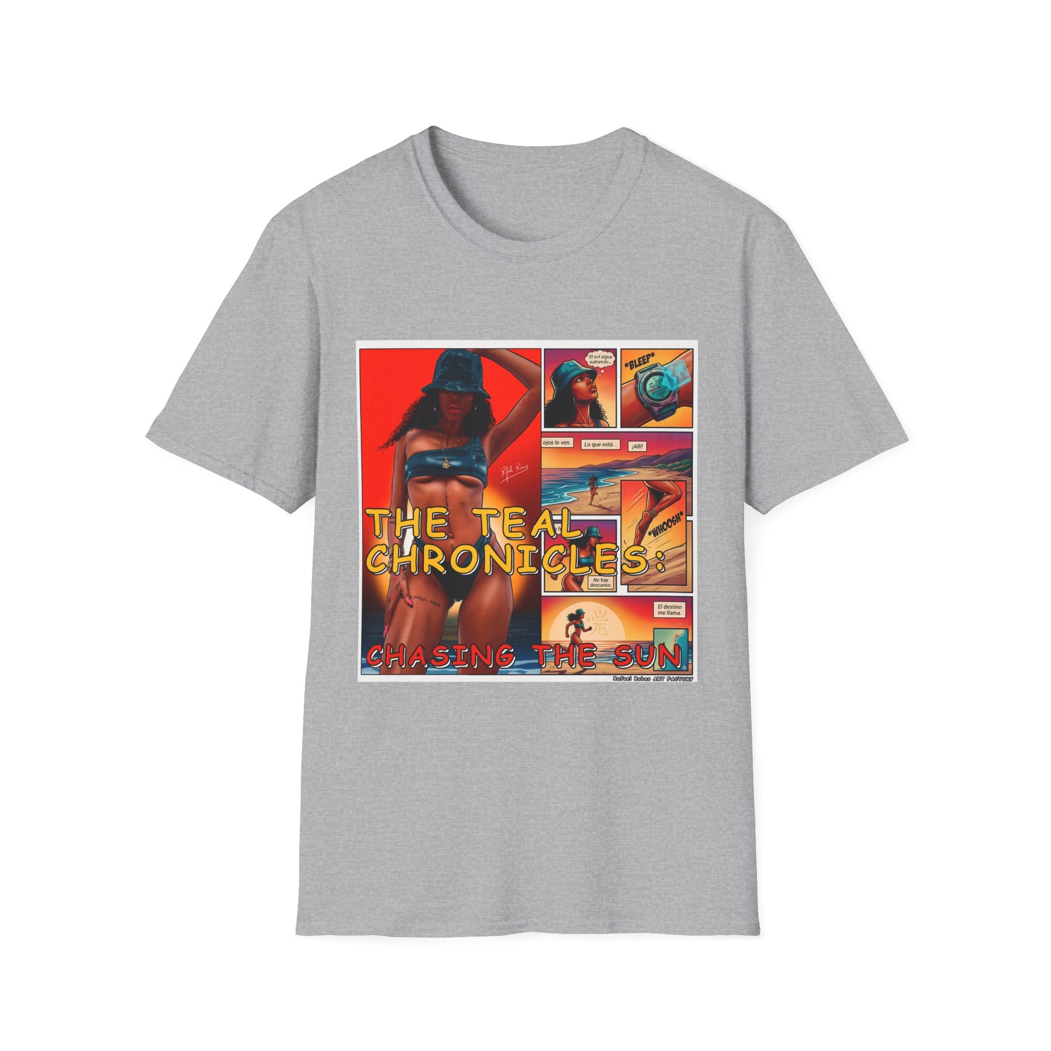 Graphic T-Shirt — "The Teal Chronicles" Retro Comic Surf Art