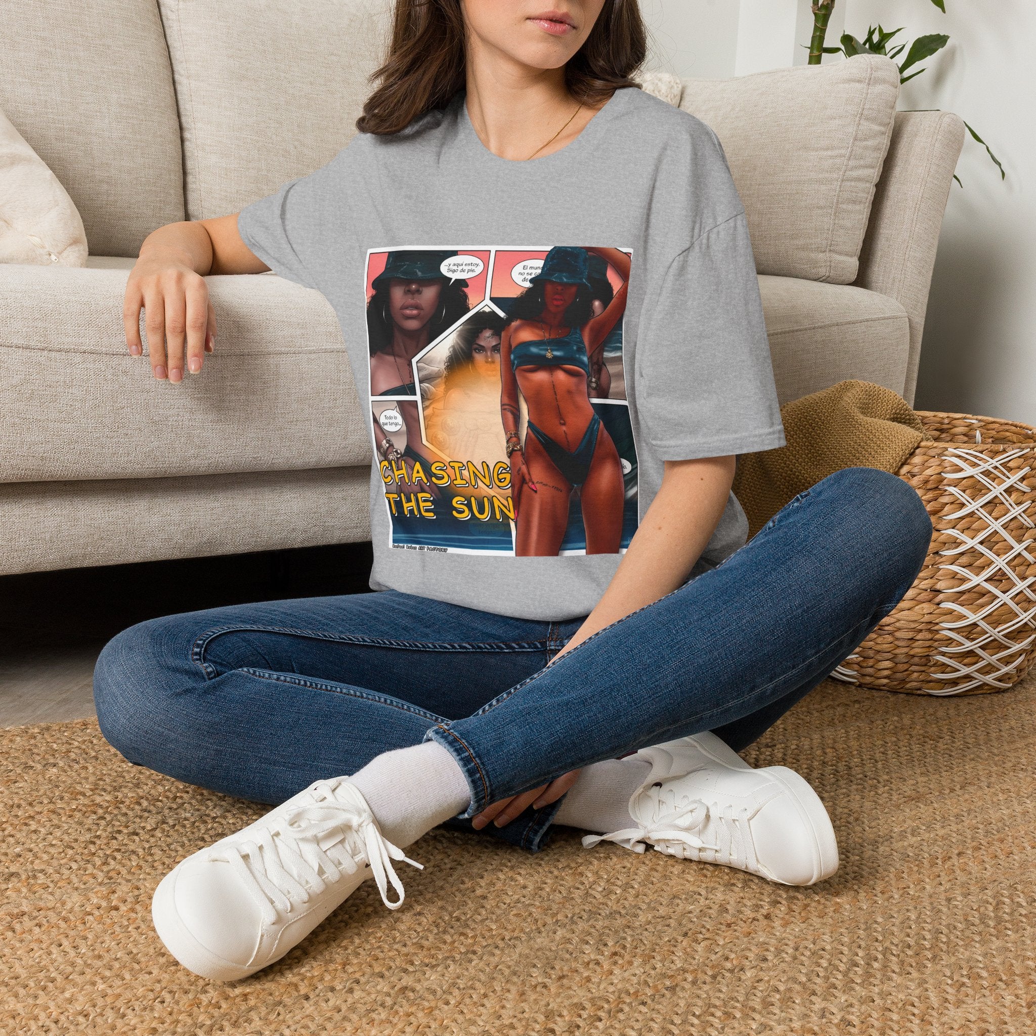 Graphic Swim Babe T-Shirt — "Chasing the Sun" Comic Panel Tee